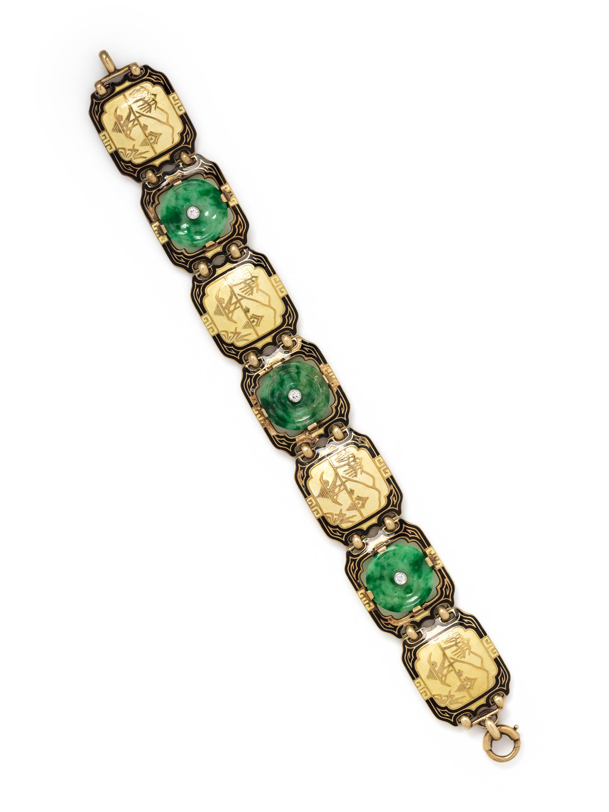 YELLOW GOLD, ENAMEL, JADE AND DIAMOND BRACELET