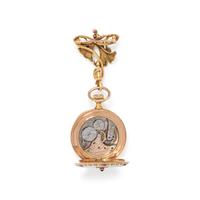 ART NOUVEAU, YELLOW GOLD, RUBY AND ENAMEL OPEN FACE LAPEL WATCH