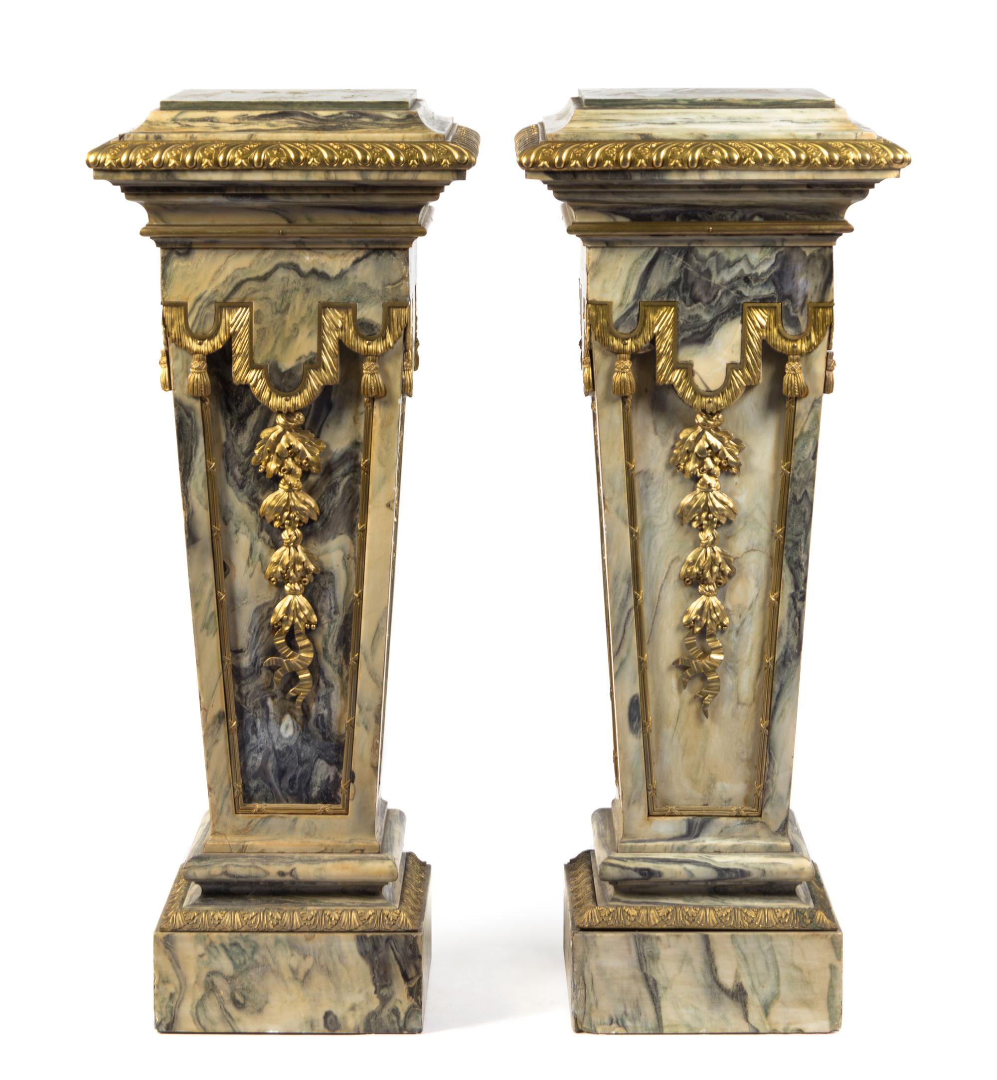A Pair of Continental Gilt Bronze Mounted Marble Pedestals Height 44 1/2 x width 17 1/2 x depth 17 1/2 inches. — 19TH CENTURY