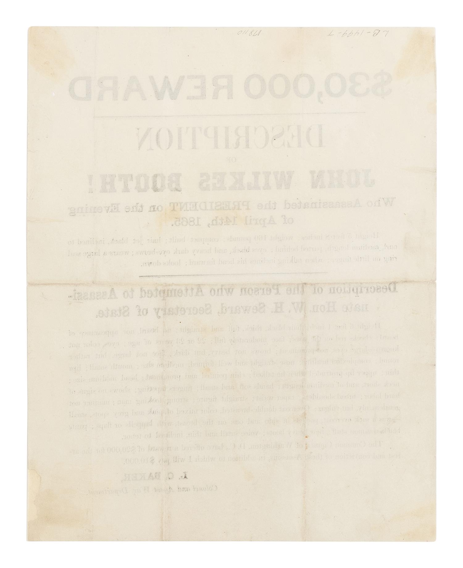 [LINCOLN ASSASSINATION] $30,000 Reward. Description of John Wilkes Booth! [Washington, D.C., ca. 16 April 1865].