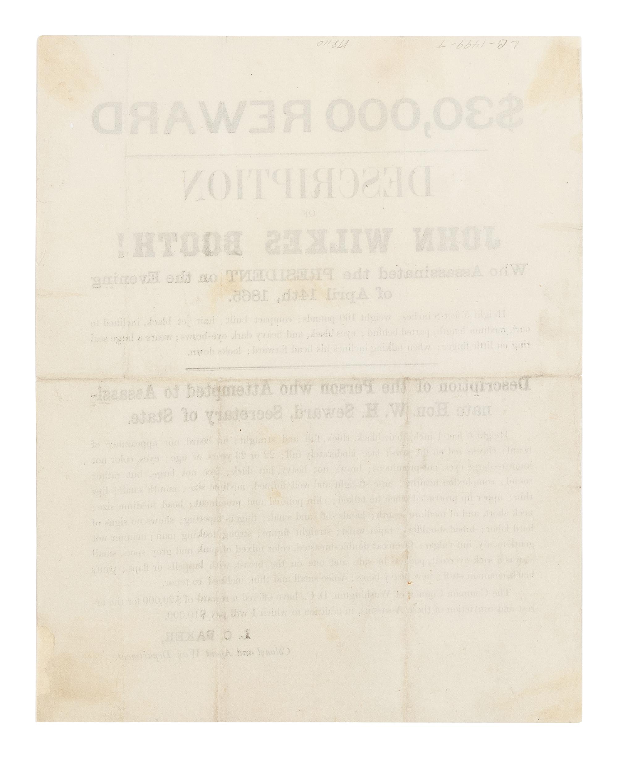 [LINCOLN ASSASSINATION] $30,000 Reward. Description of John Wilkes Booth! [Washington, D.C., ca. 16 April 1865].