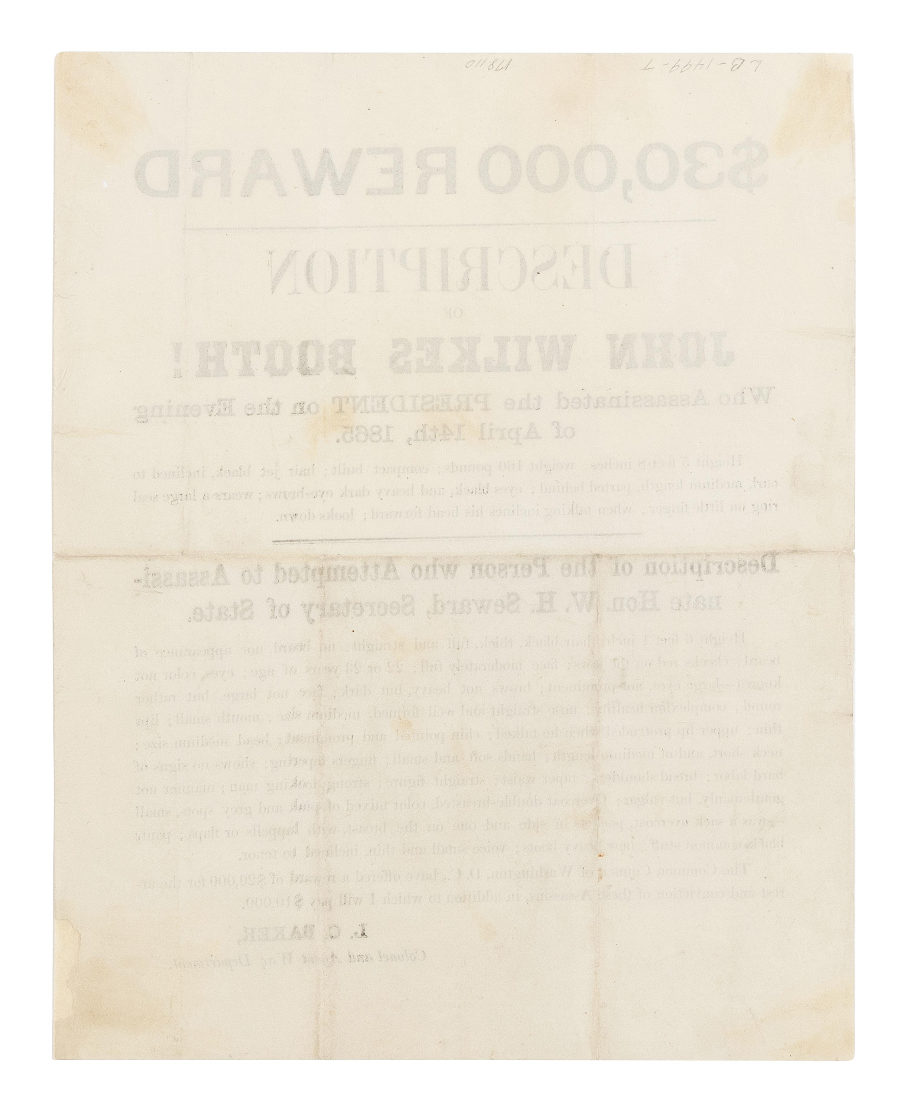 [LINCOLN ASSASSINATION] $30,000 Reward. Description of John Wilkes Booth! [Washington, D.C., ca. 16 April 1865].