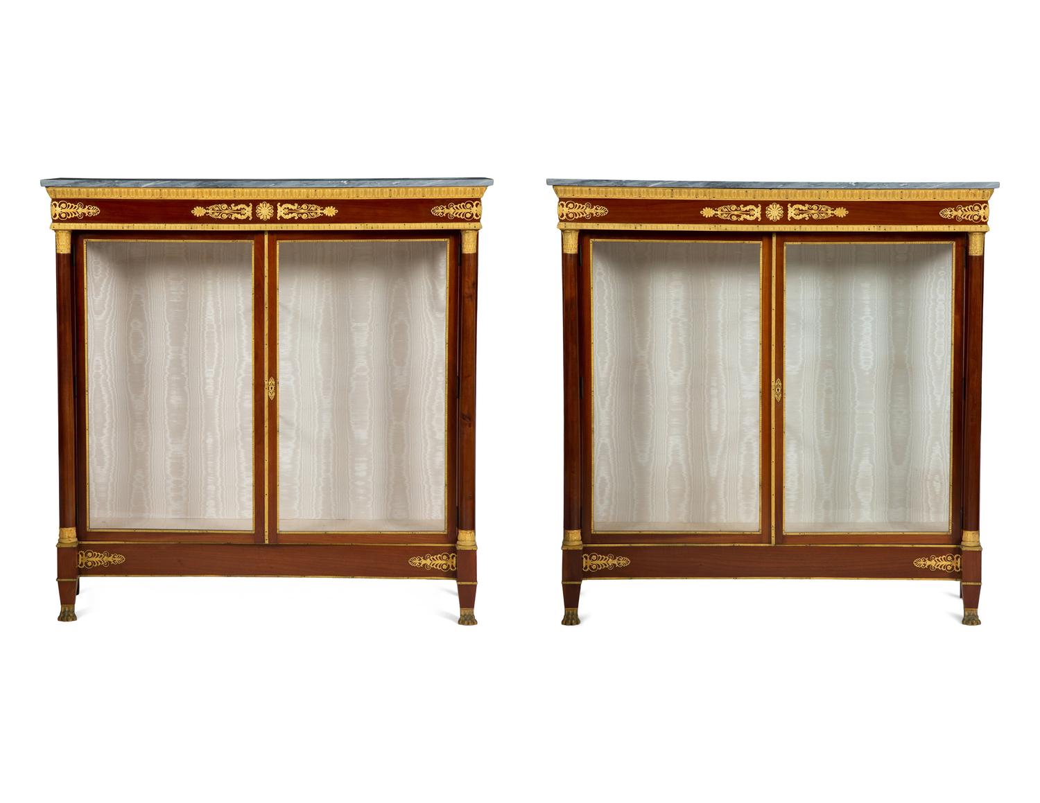 A Pair of Empire Style Gilt Bronze Mounted Mahogany Marble Top Vitrine Cabinets