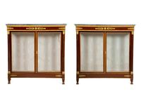A Pair of Empire Style Gilt Bronze Mounted Mahogany Marble Top Vitrine Cabinets