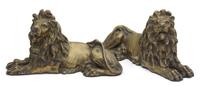 A Pair of English Brass Recumbent Lion Desk Ornaments Length 10 inches. — 19TH CENTURY
