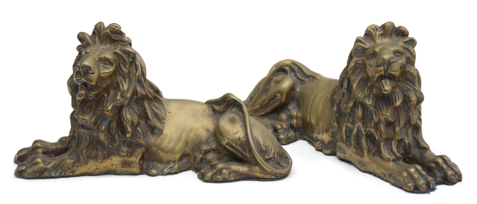 A Pair of English Brass Recumbent Lion Desk Ornaments Length 10 inches. — 19TH CENTURY