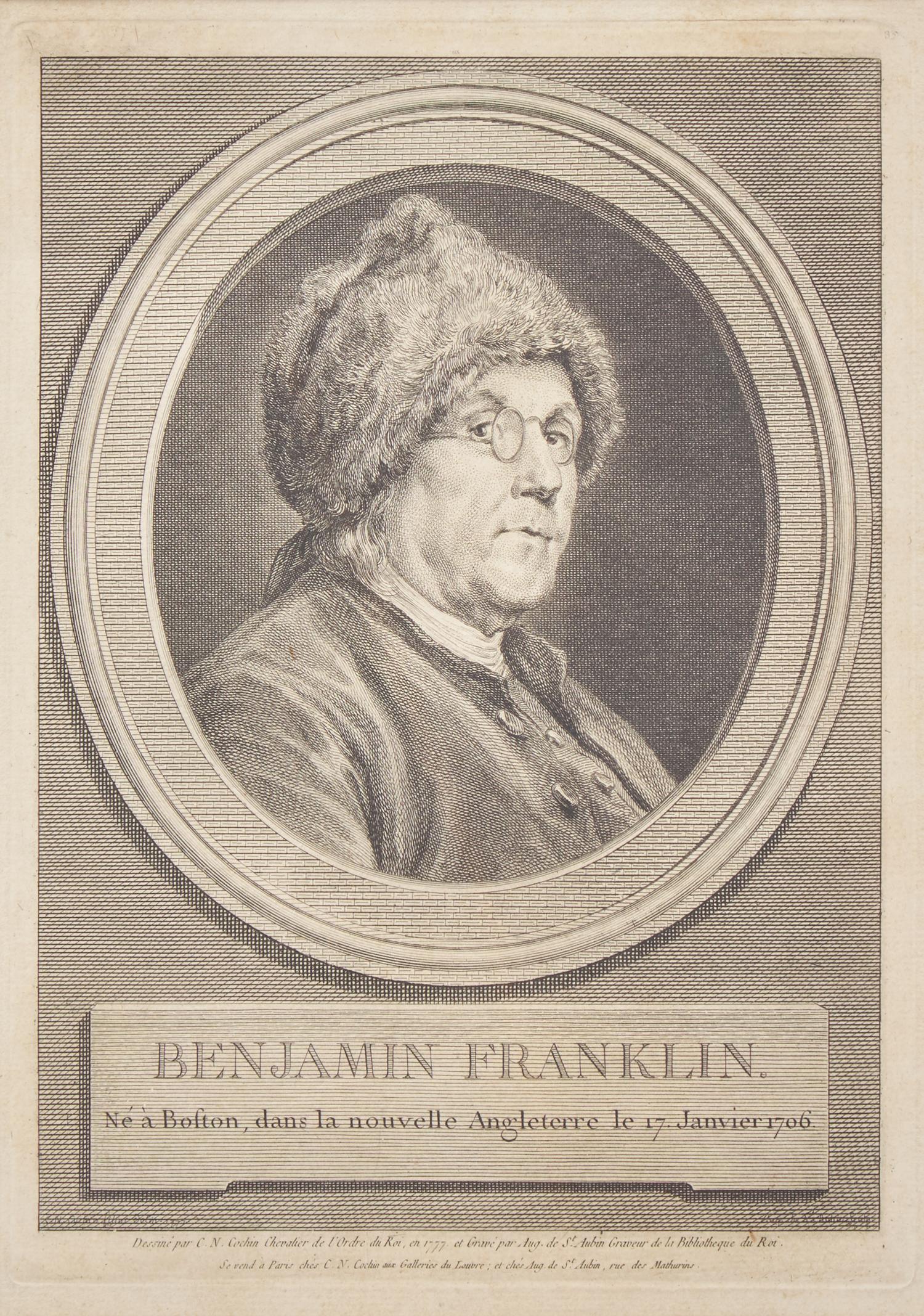 Augustin de Saint-Aubin (French, 1736-1807), After Charles Nicolas Cochin II (French, 1715-1790), A Copperplate Engraving of Benjamin Franklin in a Fur Cap, or "Ne a Boston dans la nouvelle Angleterre le 17 Janvier 1706"