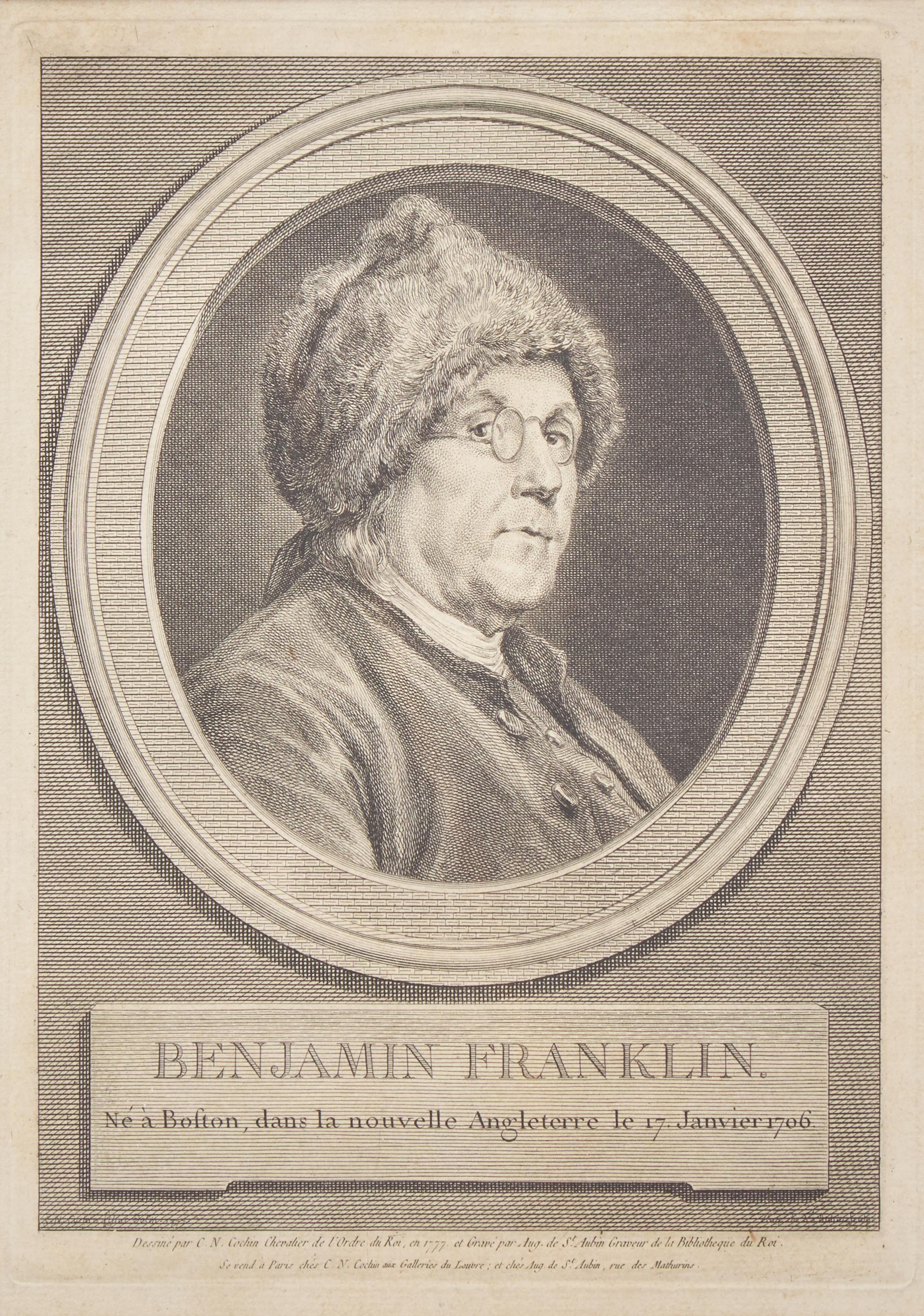 Augustin de Saint-Aubin (French, 1736-1807), After Charles Nicolas Cochin II (French, 1715-1790), A Copperplate Engraving of Benjamin Franklin in a Fur Cap, or "Ne a Boston dans la nouvelle Angleterre le 17 Janvier 1706"