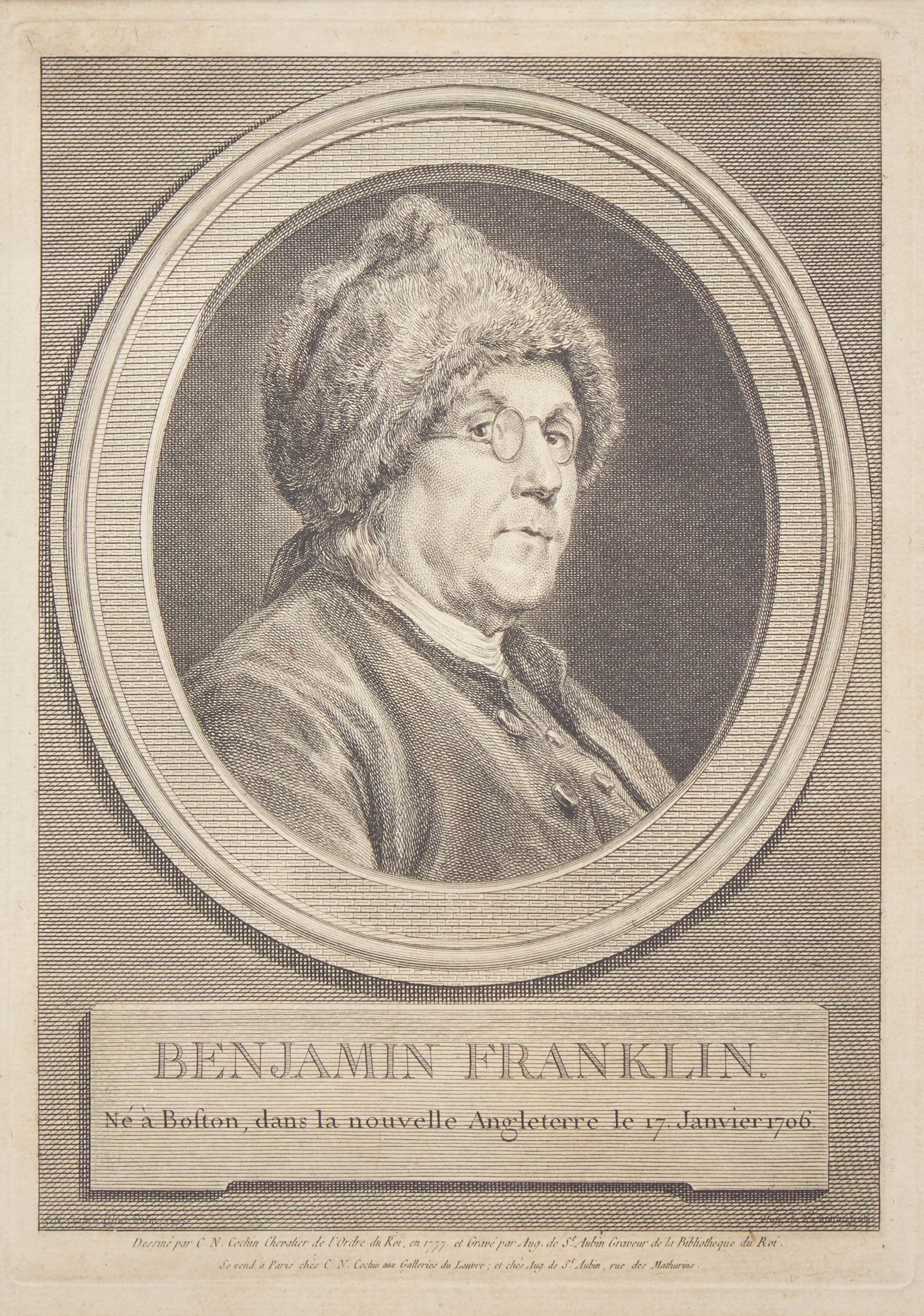 Augustin de Saint-Aubin (French, 1736-1807), After Charles Nicolas Cochin II (French, 1715-1790), A Copperplate Engraving of Benjamin Franklin in a Fur Cap, or "Ne a Boston dans la nouvelle Angleterre le 17 Janvier 1706"