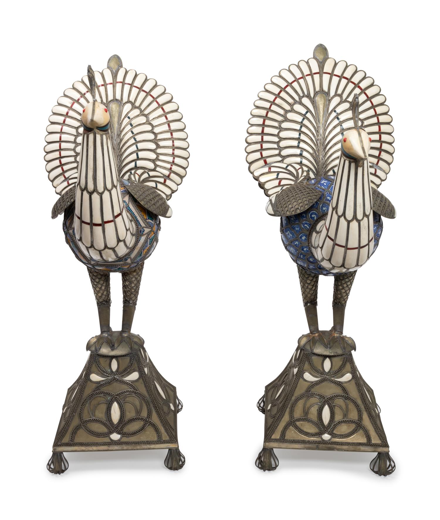 A Pair of Middle Eastern Inlaid Silvered Metal and Porcelain Models of Peacocks — LATE 19TH / EARLY 20TH CENTURY