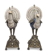 A Pair of Middle Eastern Inlaid Silvered Metal and Porcelain Models of Peacocks — LATE 19TH / EARLY 20TH CENTURY