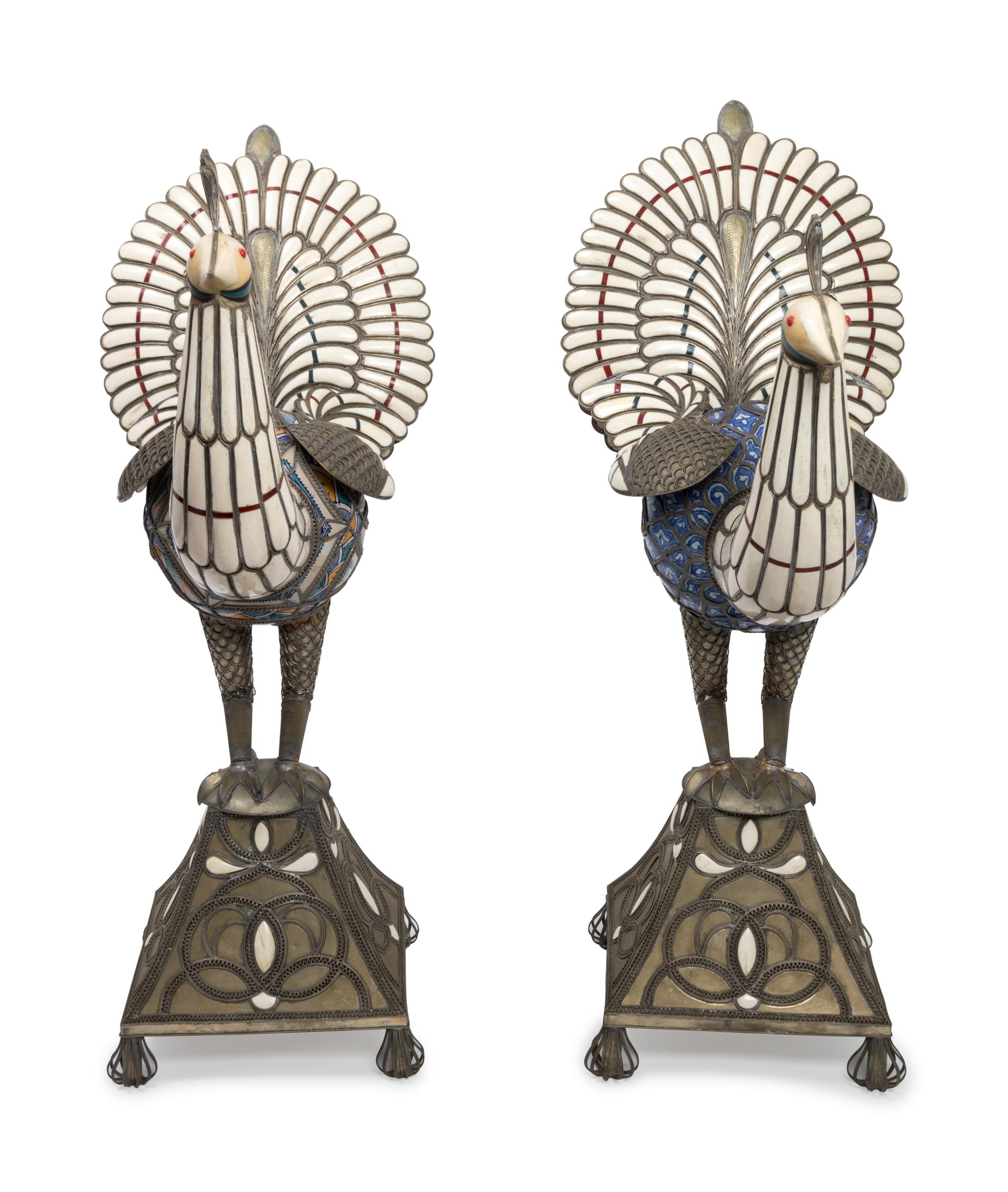 A Pair of Middle Eastern Inlaid Silvered Metal and Porcelain Models of Peacocks — LATE 19TH / EARLY 20TH CENTURY