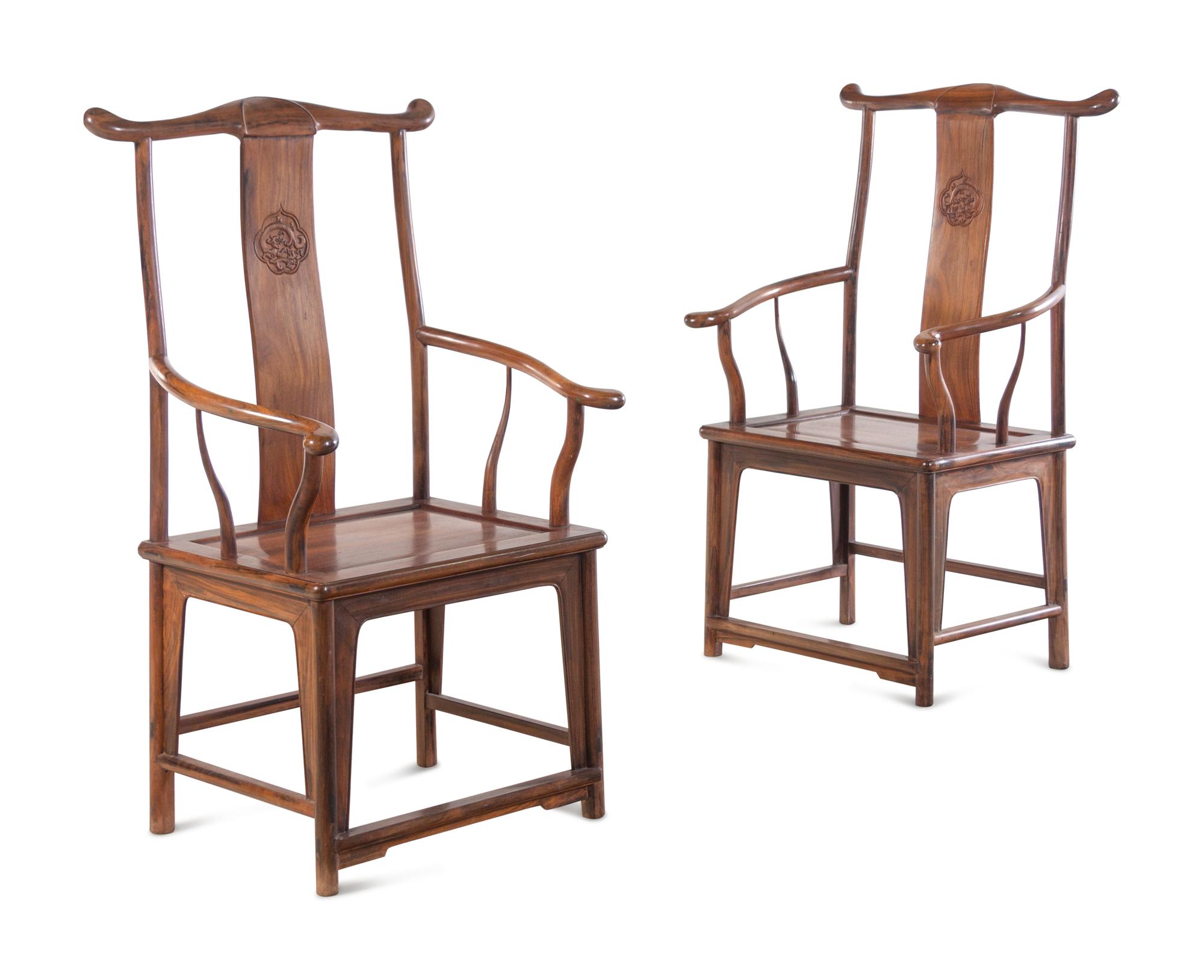 A Pair of Chinese Huali Wood Official's Hat Chairs, Sichutouguanmaoyi