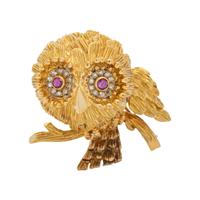 FRENCH, YELLOW GOLD, RUBY AND DIAMOND OWL BROOCH