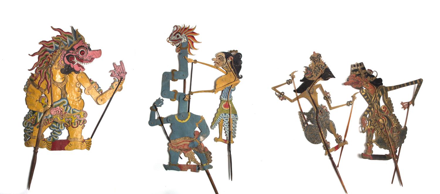 A Collection of Five Indonesian Wayang Kulit Shadow Puppets Height of tallest 42 inches. — LATE 19TH/EARLY 20TH CENTURY