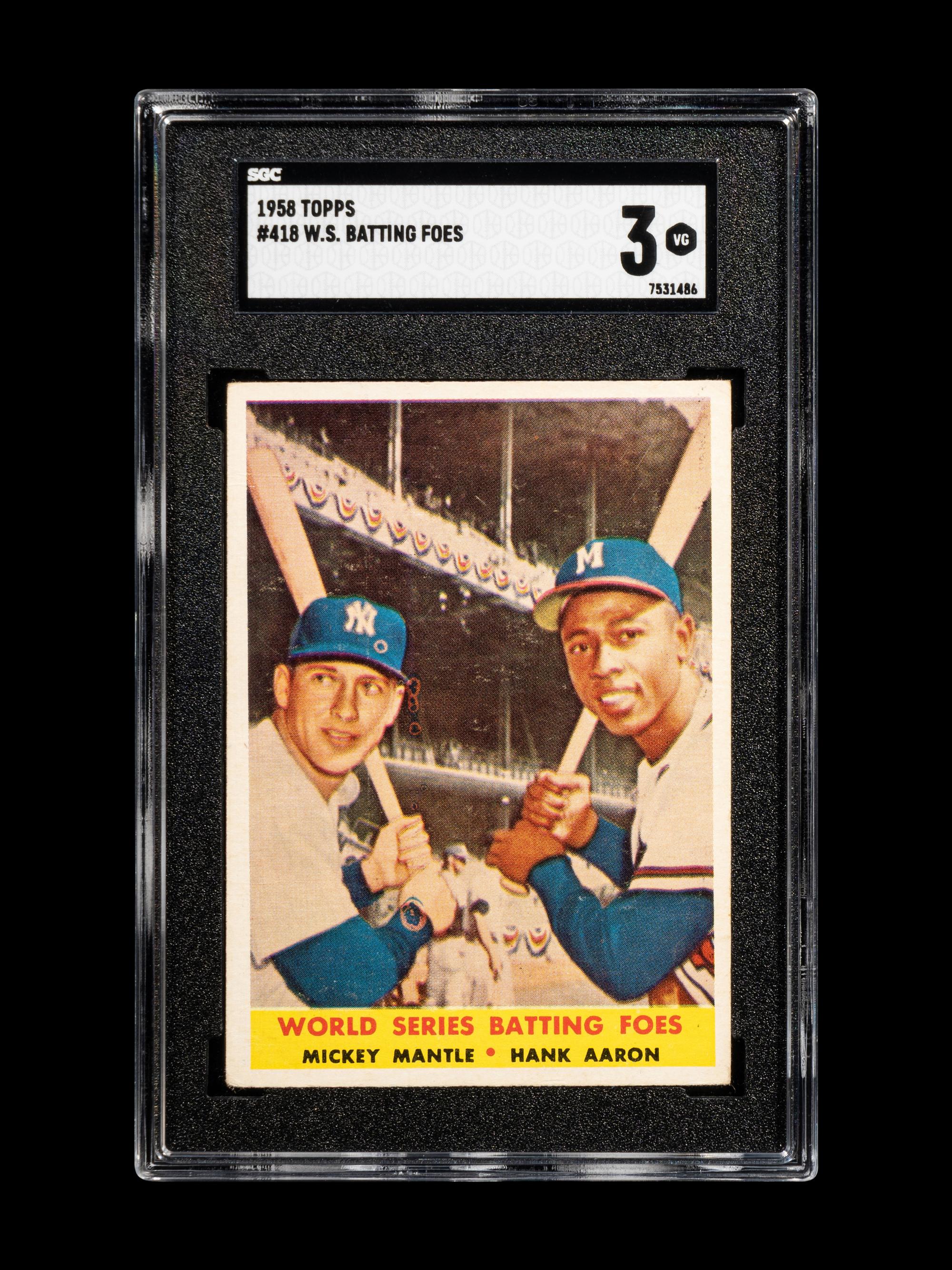 A 1958 Topps Mickey Mantle / Hank Aaron World Series Batting Foes Baseball Card No. 418 (SGC 3 VG)