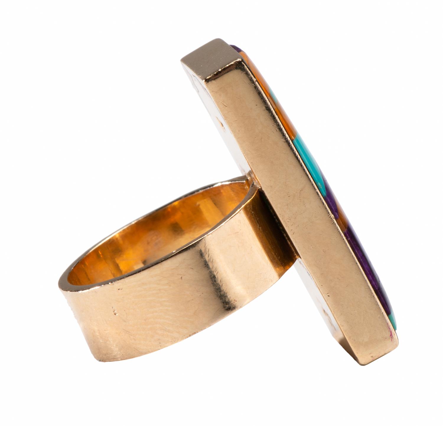 14k Gold Ring, with Coral, Turquoise, Sugilite, and Spiny Oyster Mosaic Inlay Lot is located and will ship from Denver, Colorado.
