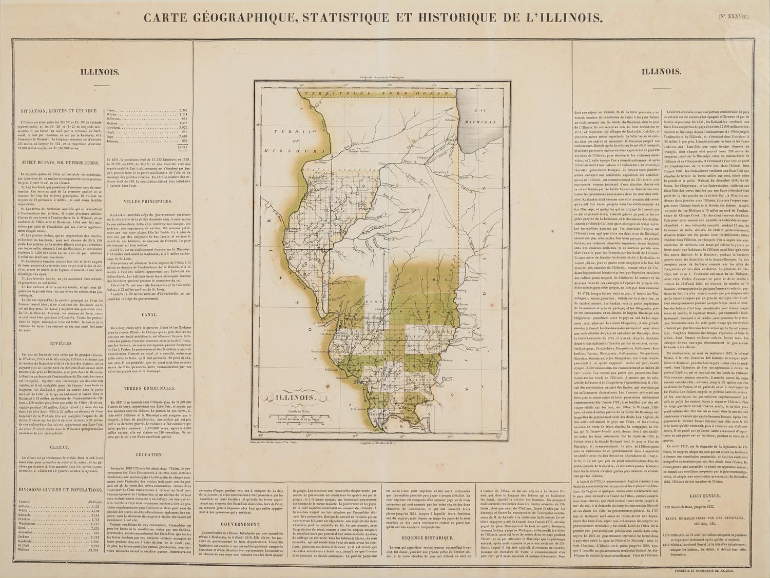 BUCHON. Carte Geographique, Statistique et Historique de l'Illinois . J. Carae, ca. 1822.