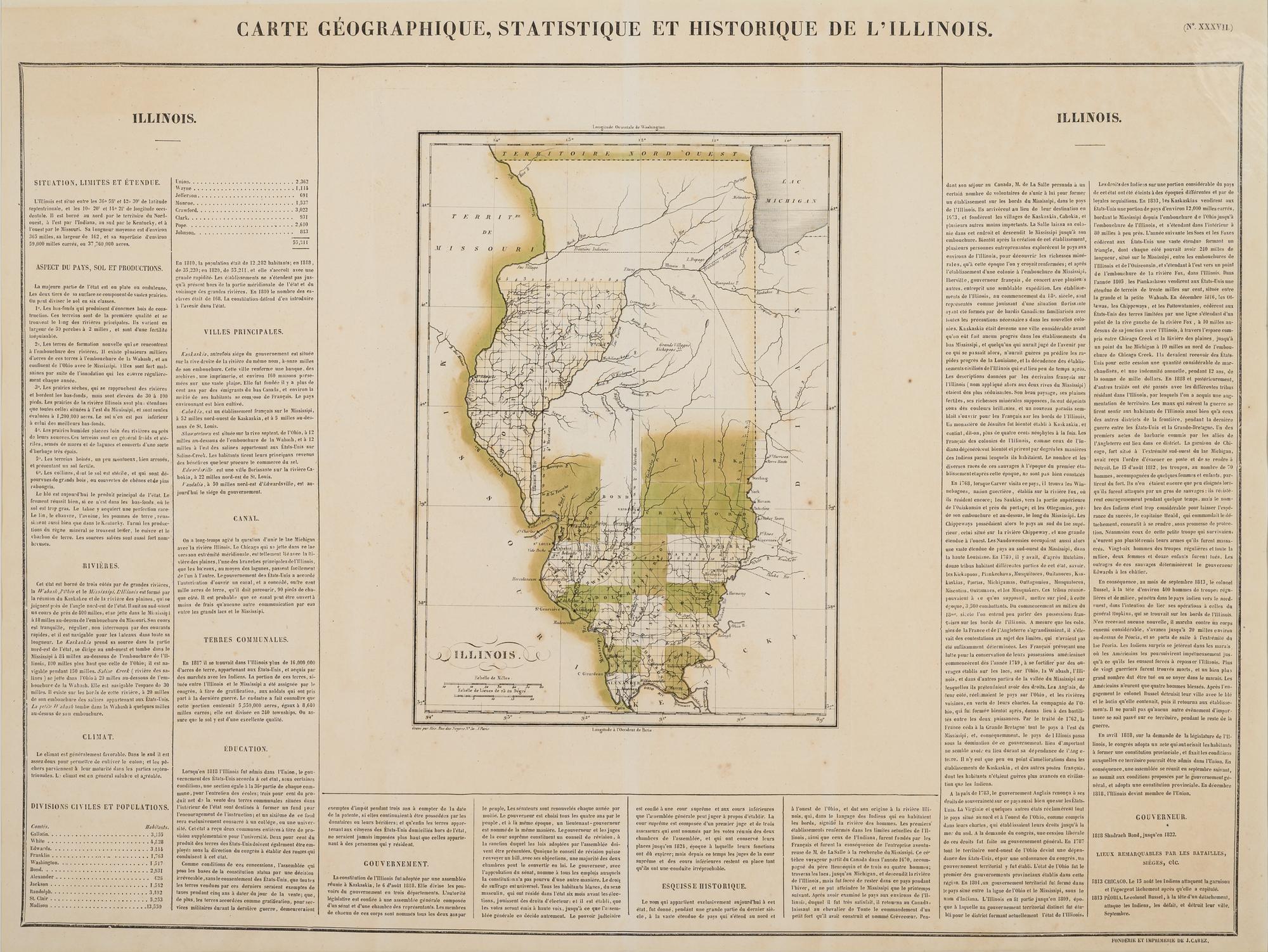 BUCHON. Carte Geographique, Statistique et Historique de l'Illinois . J. Carae, ca. 1822.