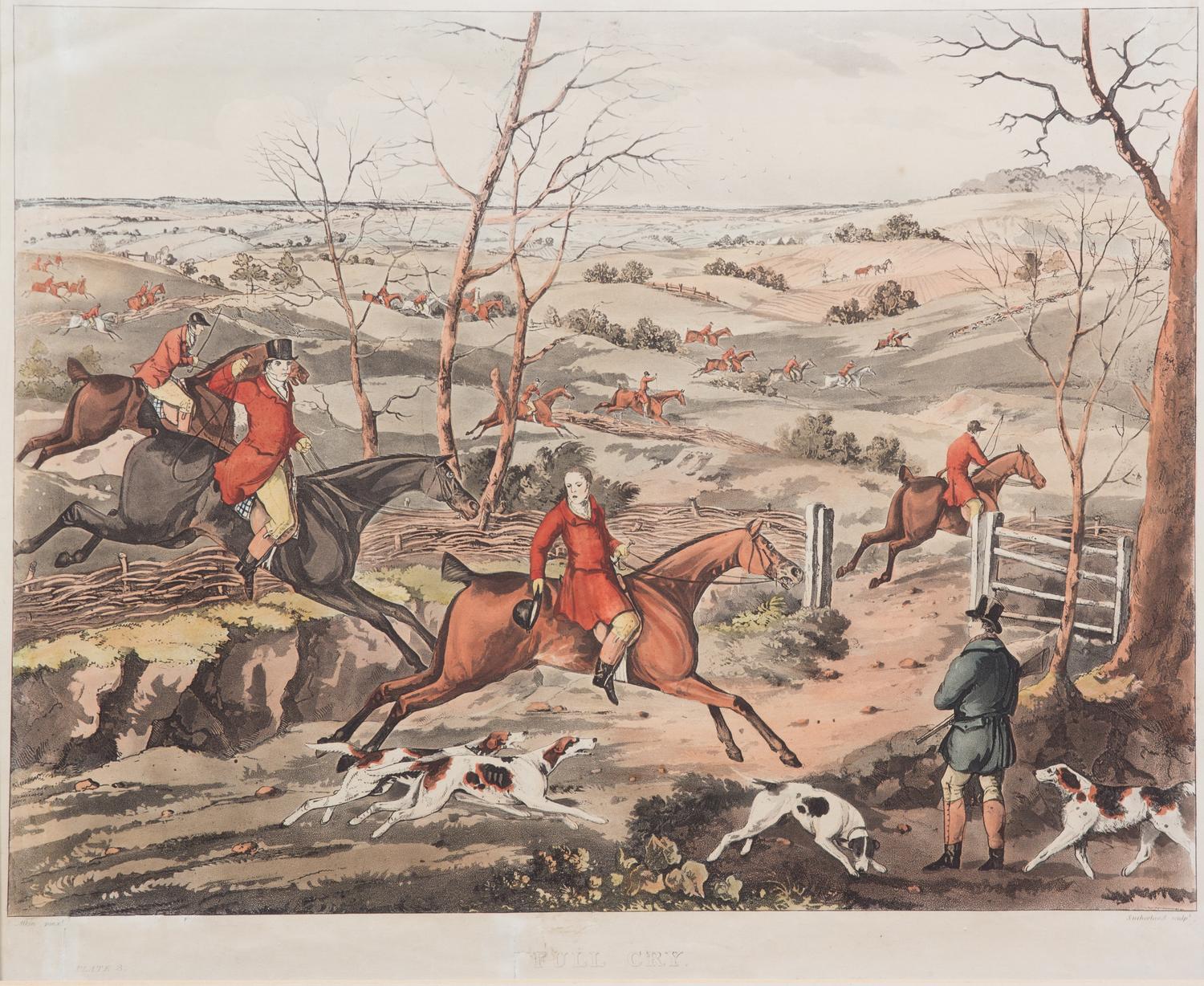 Henry ALKEN, after - George SUTHERLAND, engraver Image 15 1/2 x 20 1/2 inches. — Unkenneling - Breaking Cover - Full Cry - The Death [Plates I-IV]