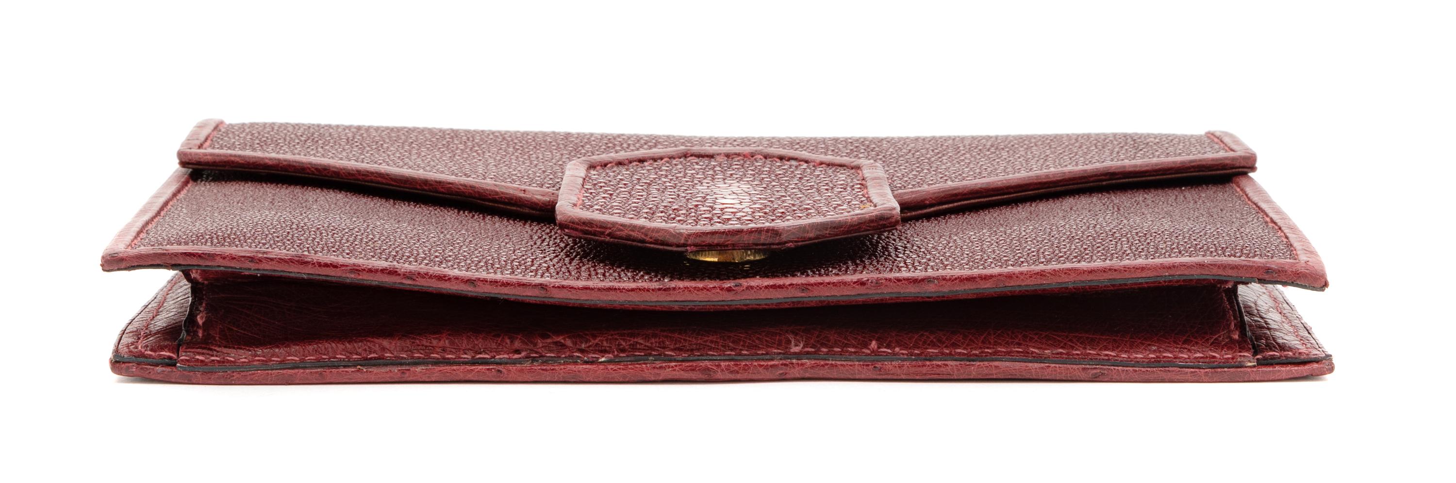 J.P. Renard Maroon Shagreen & Ostrich Clutch, 1980-90s