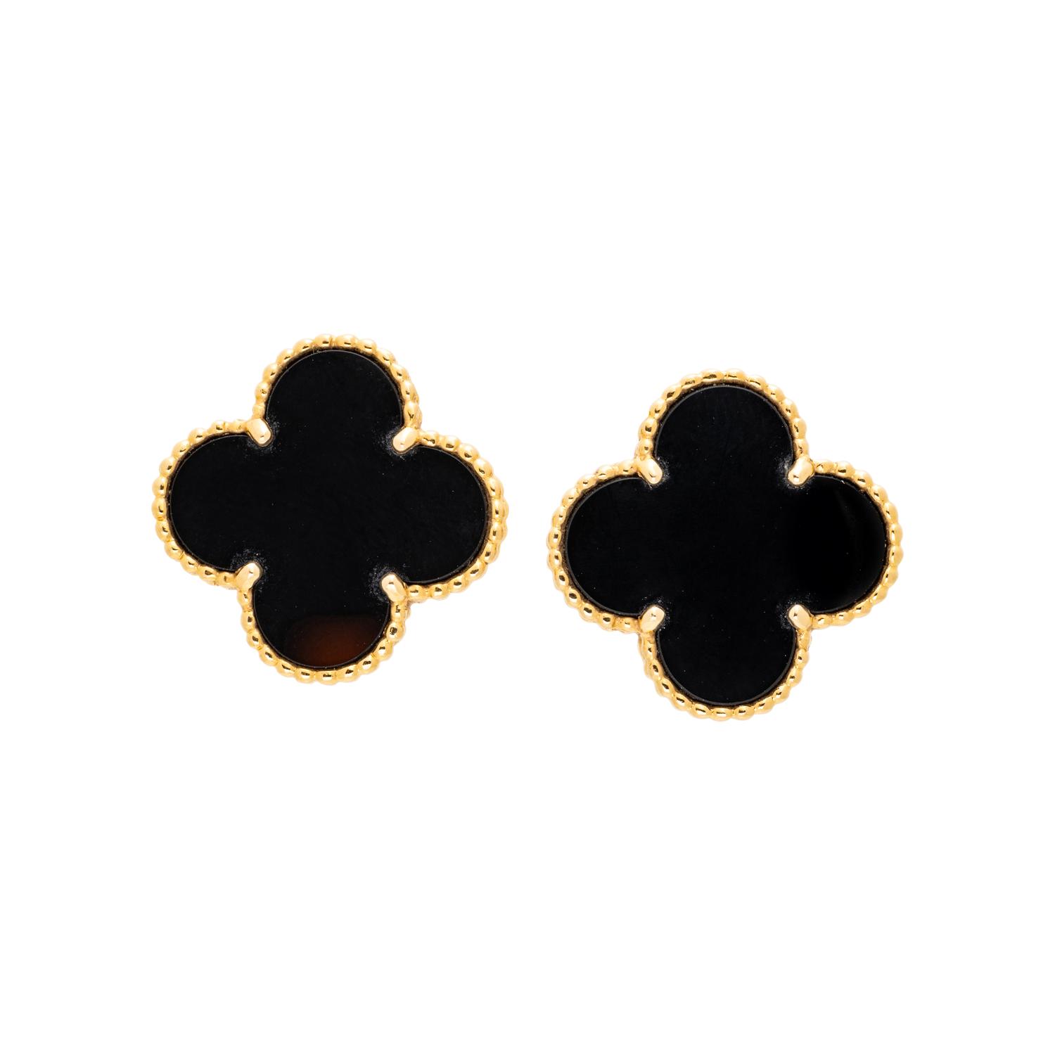 VAN CLEEF & ARPELS, YELLOW GOLD AND ONYX 'SUPER VINTAGE ALHAMBRA' CLIP EARRINGS