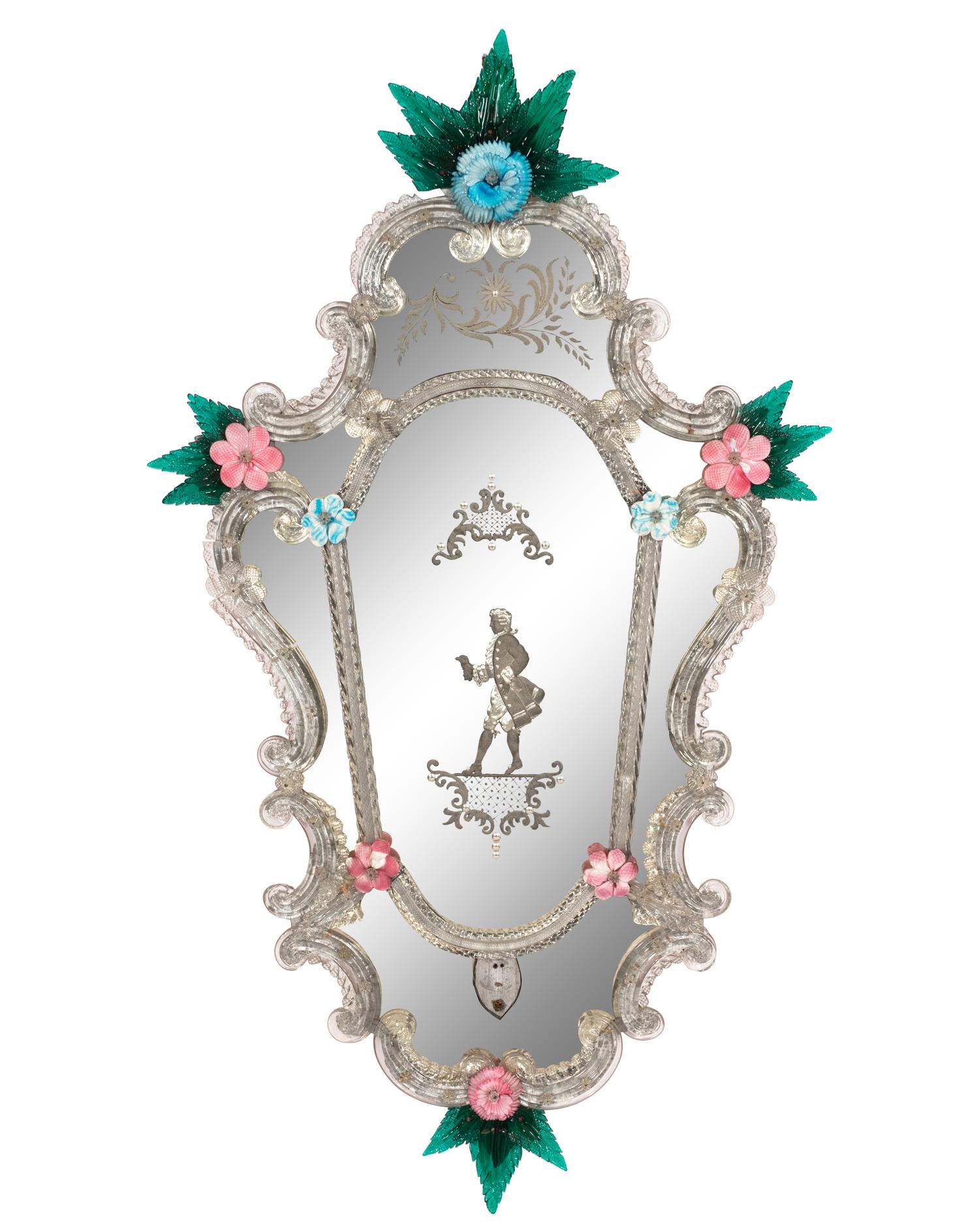 A Pair of Venetian Cartouche Form Etched Glass Girandole Mirrors