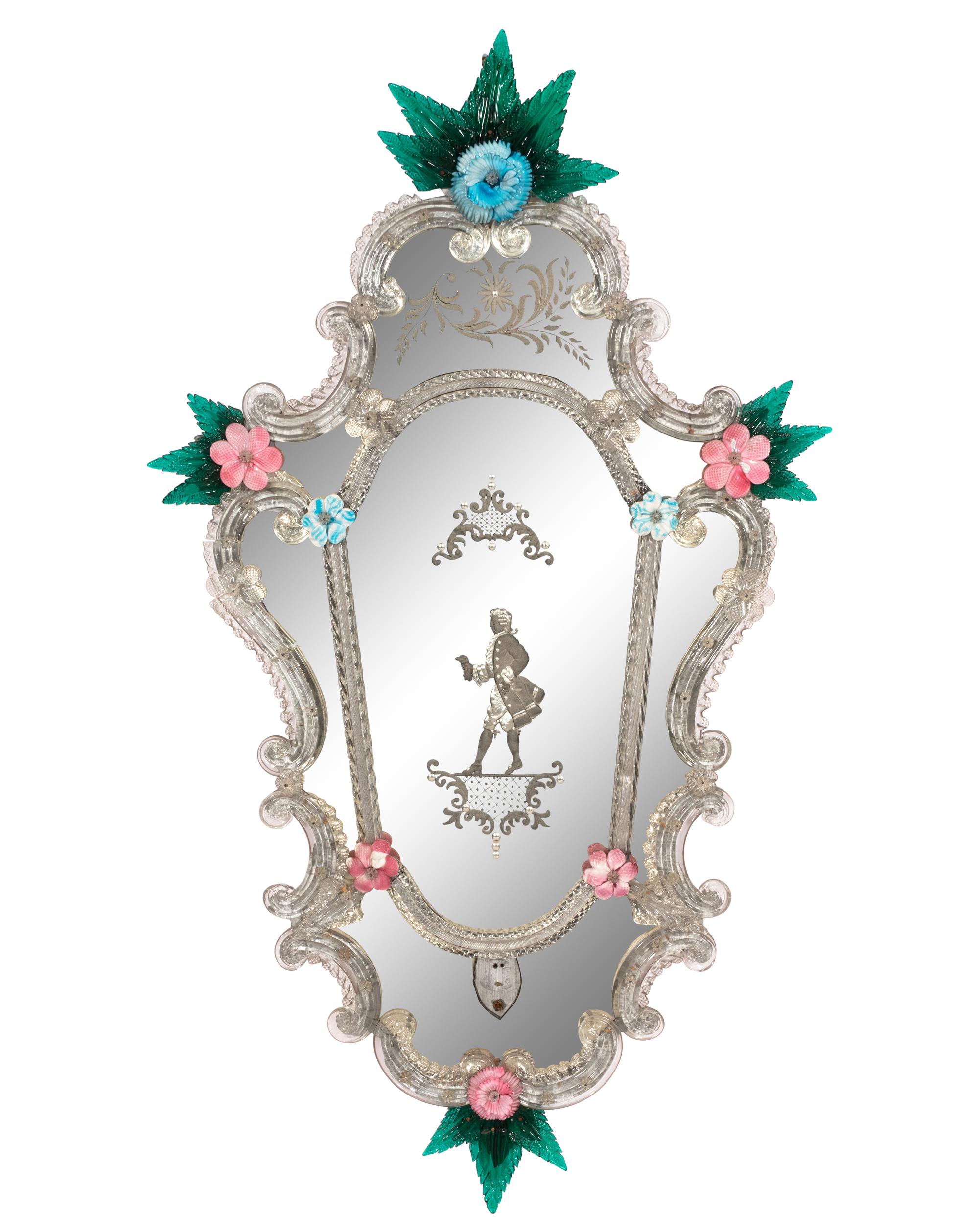 A Pair of Venetian Cartouche Form Etched Glass Girandole Mirrors