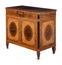 An English Painted Burr Yew Wood, Satinwood and Mahogany Console Cabinet