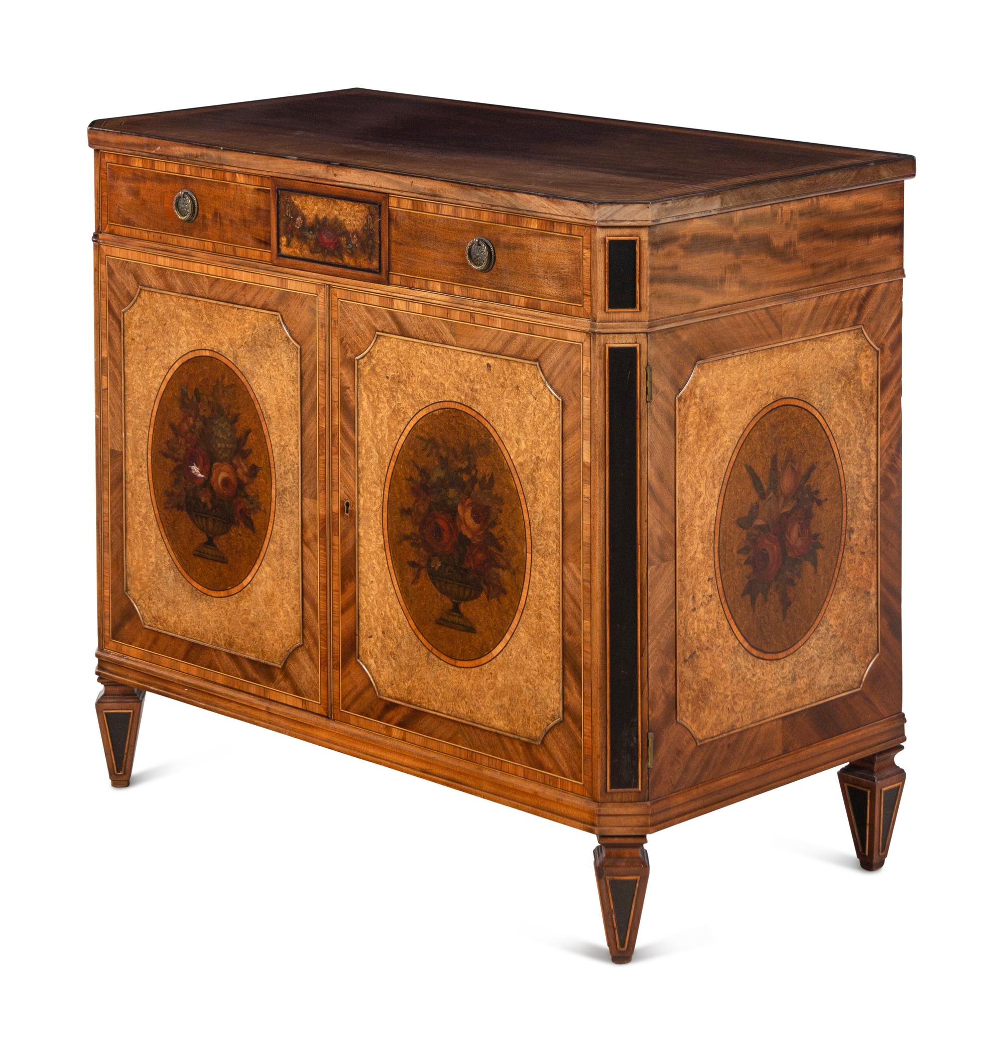 An English Painted Burr Yew Wood, Satinwood and Mahogany Console Cabinet