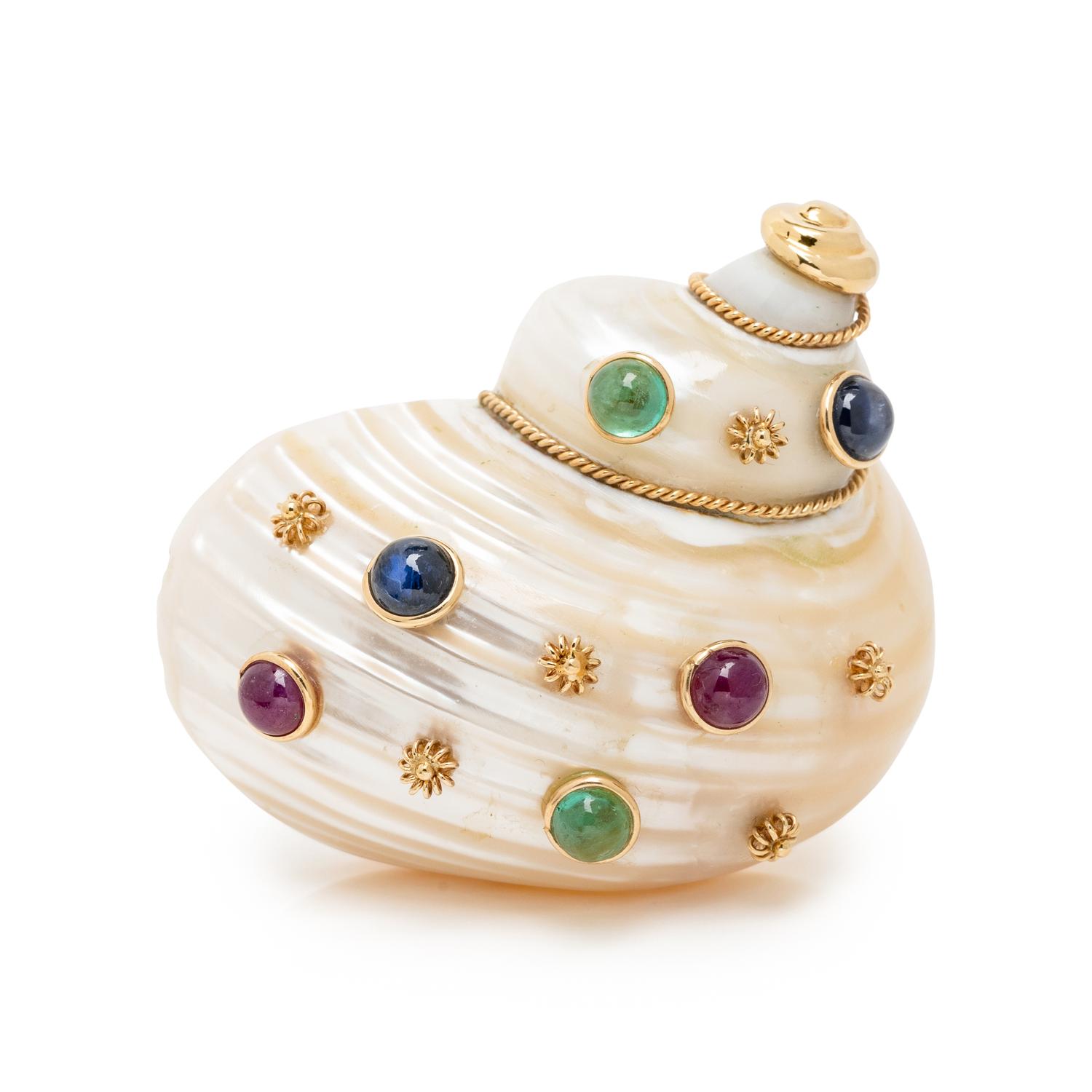 MAZ, TURBO SHELL, MULTIGEM, AND YELLOW GOLD BROOCH