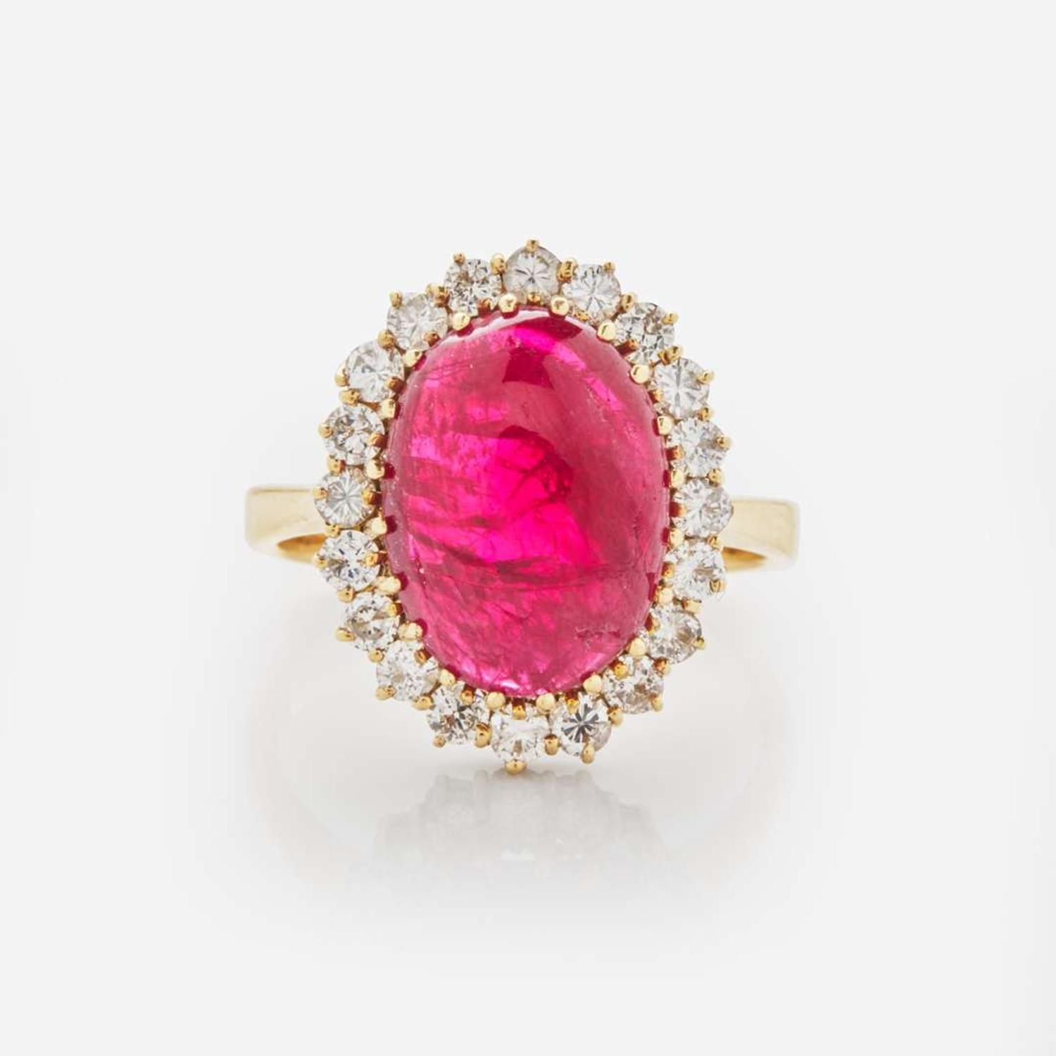 An 18K Yellow Gold, Diamond, and Ruby Ring
