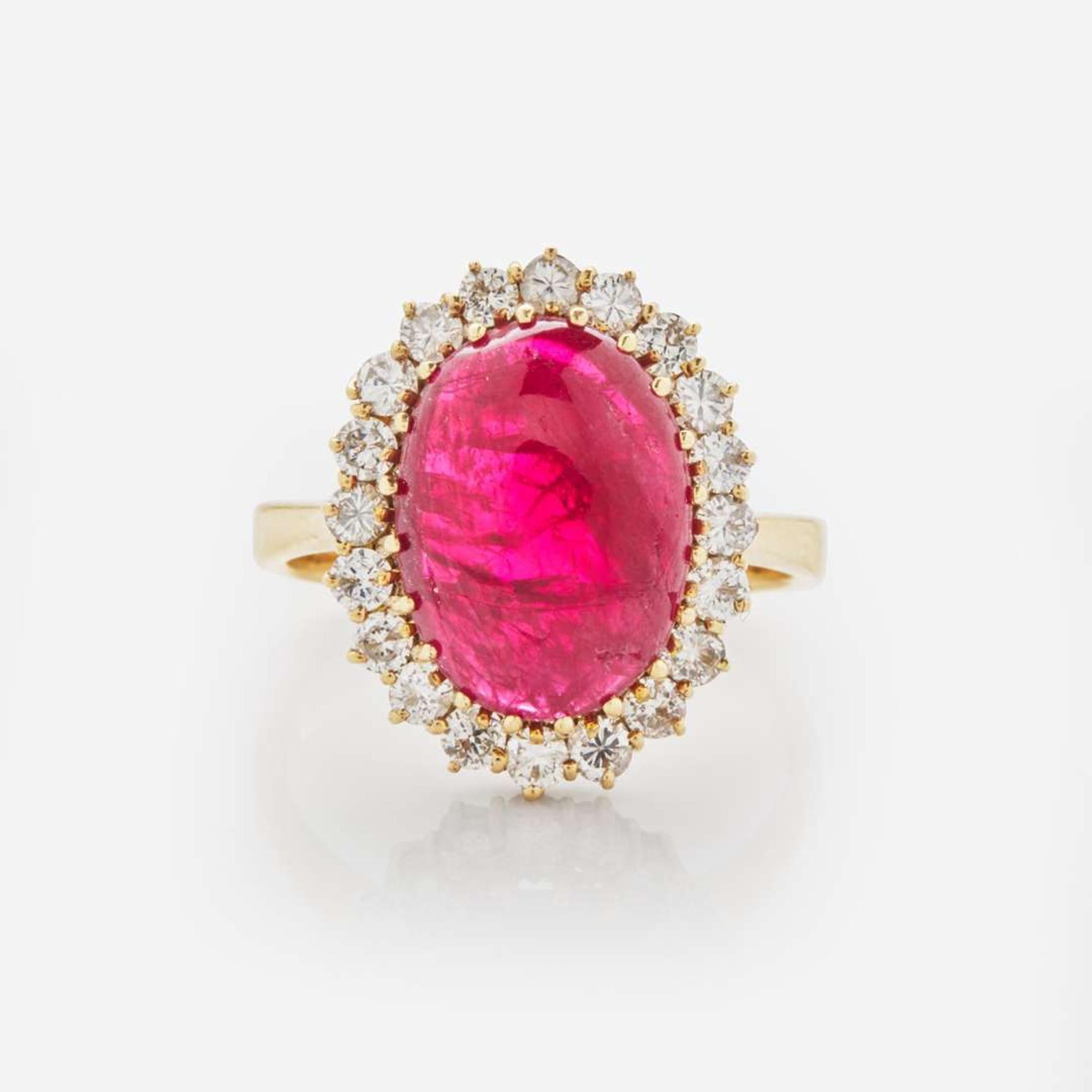 An 18K Yellow Gold, Diamond, and Ruby Ring
