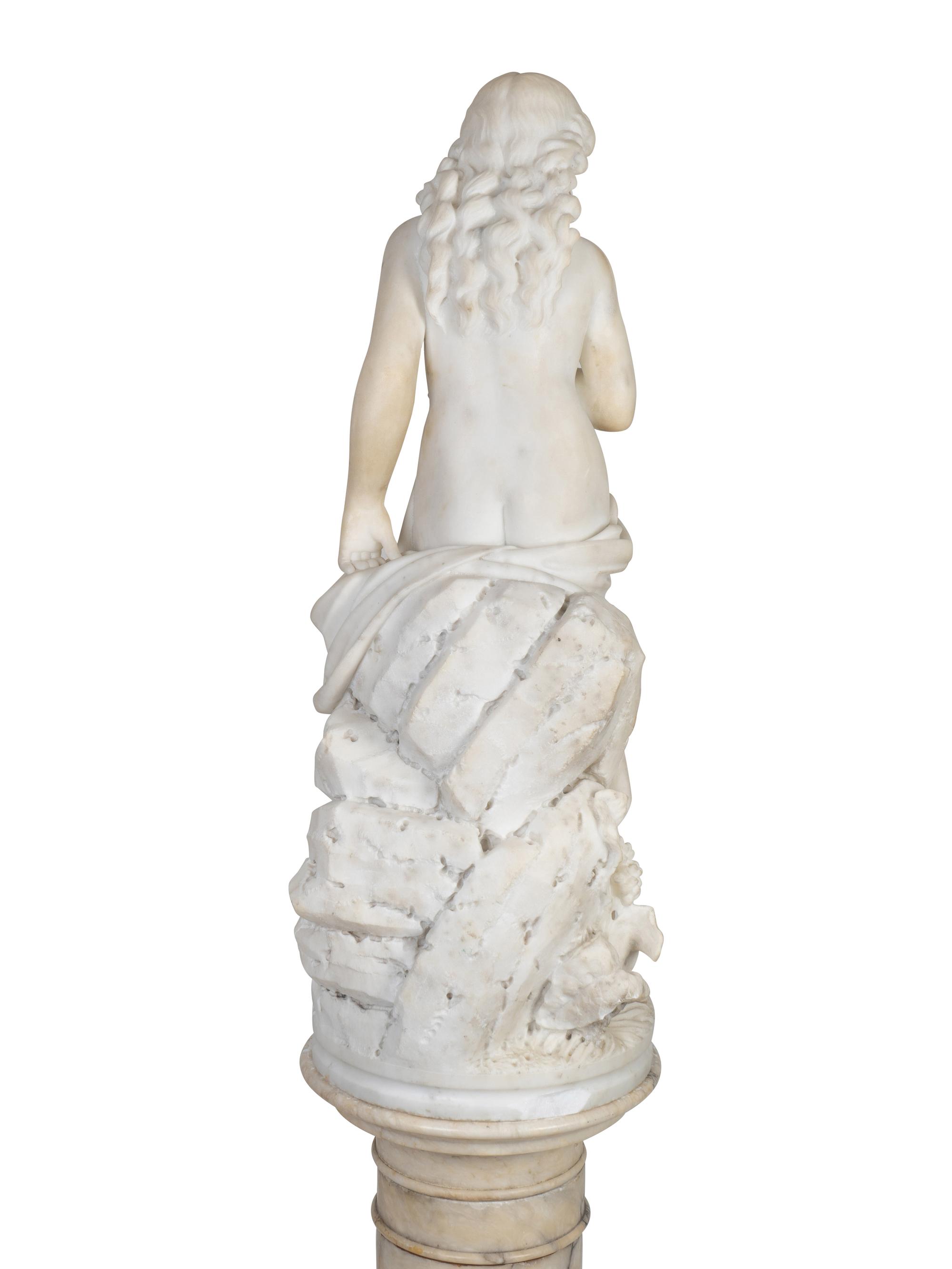 A Continental Marble Figure of a Female Bather on Pedestal — 19TH CENTURY