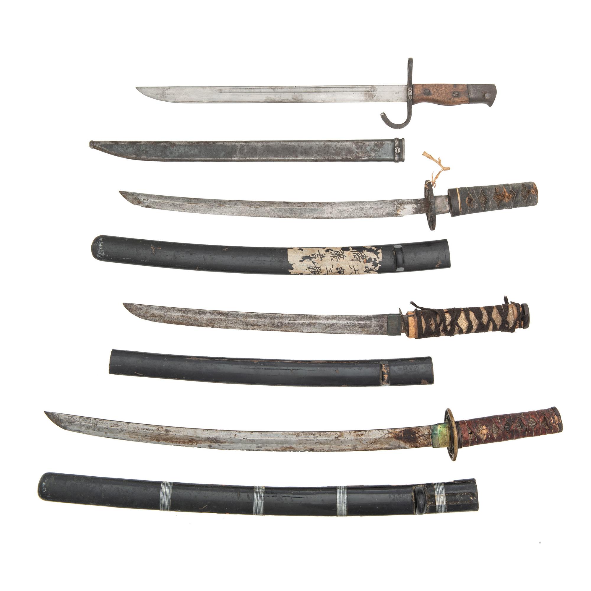Lot of 4 Japanese Edged Weapons Including: 3 Wakizashi and a Type 30 Bayonet