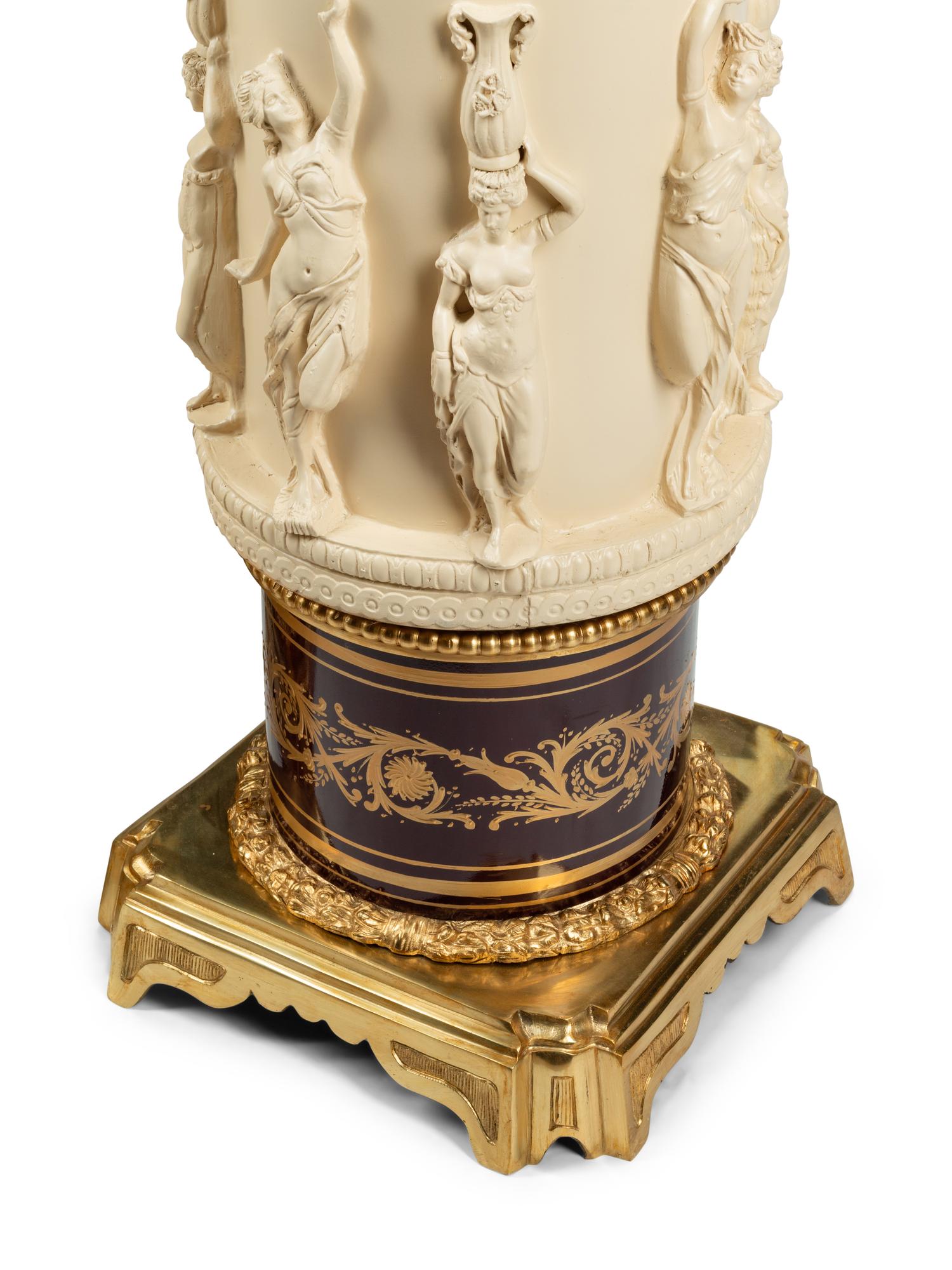 A Pair of Gilt Bronze Mounted Composition and Painted Metal Marble-Top Pedestals