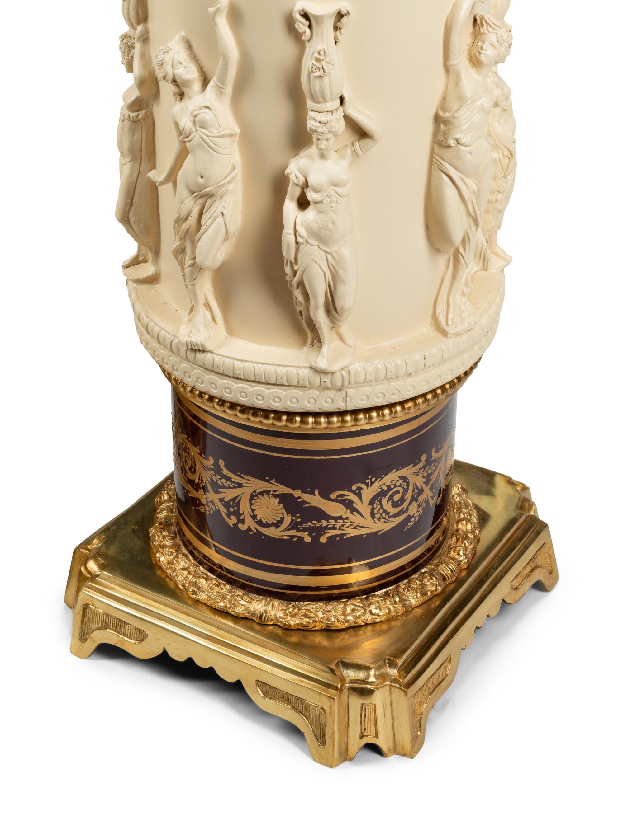 A Pair of Gilt Bronze Mounted Composition and Painted Metal Marble-Top Pedestals
