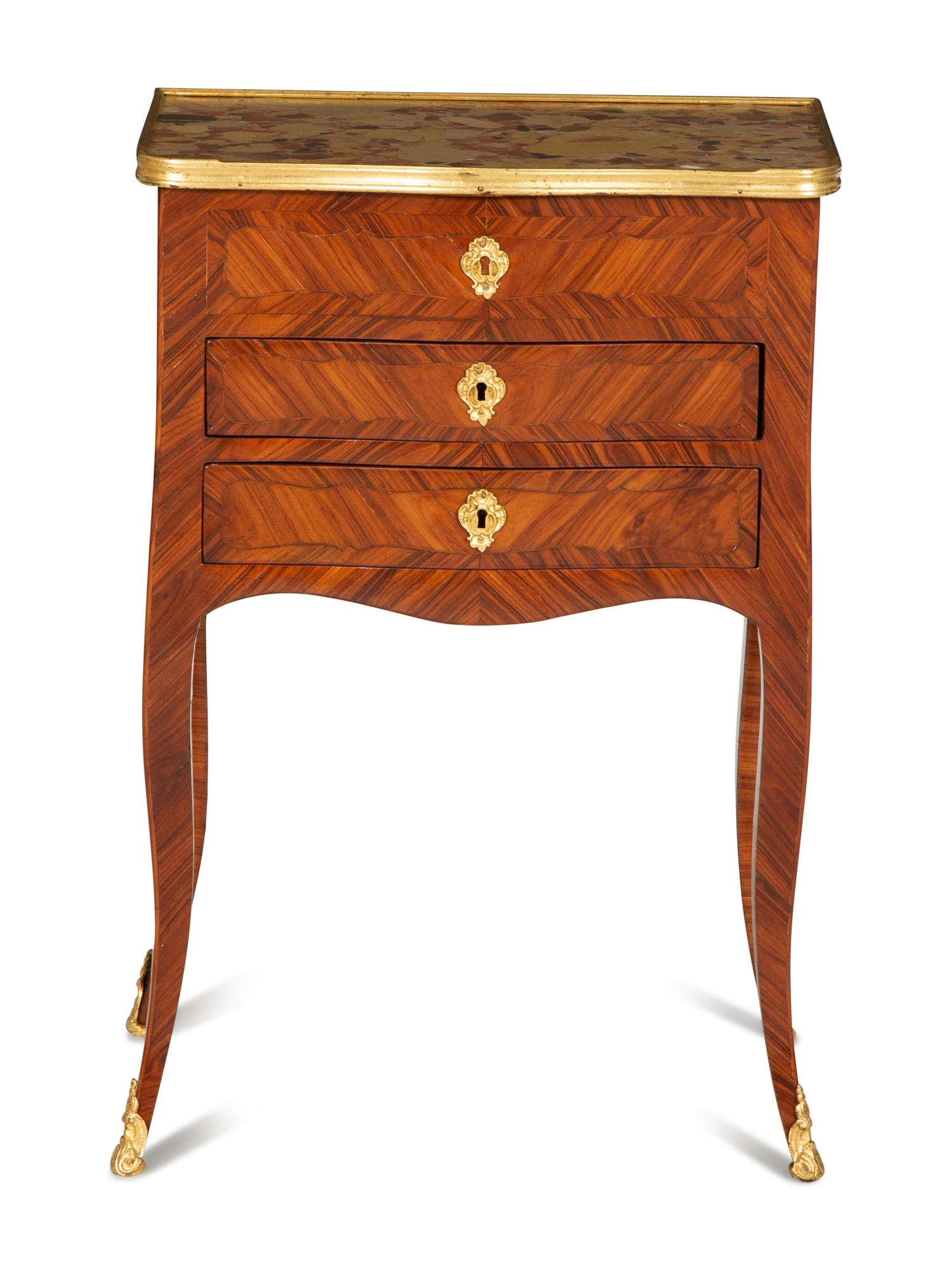 A Louis XV/XVI Transitional Gilt Bronze Mounted Kingwood Marble Top Side Table