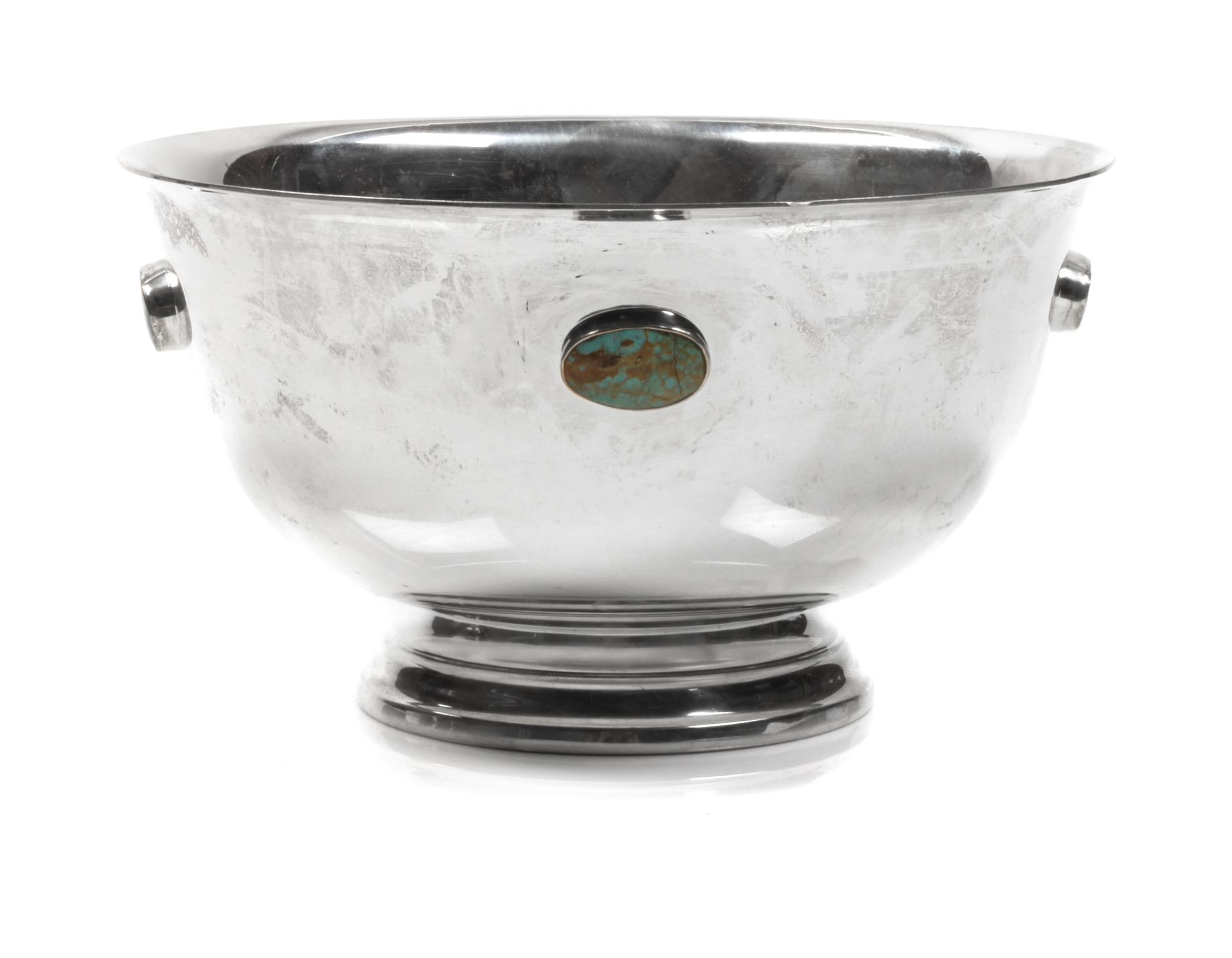 Silverplate and Turquoise Bowl Height 3 5/8 x 6 1/2 inches
