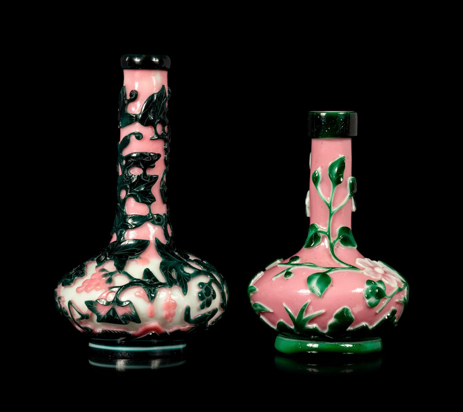 Two Chinese Pink, Green and White Glass Bottle Vases