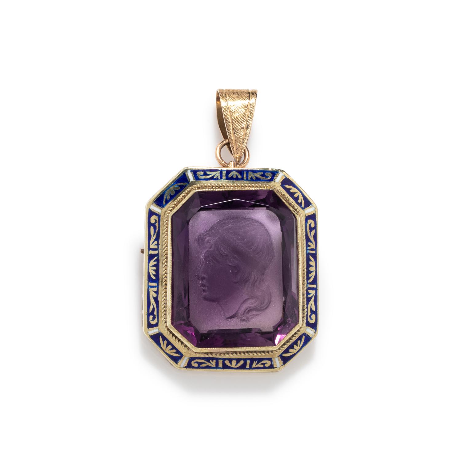 AMETHYST INTAGLIO AND ENAMEL PENDANT/BROOCH