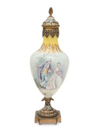 A Sèvres Style Gilt Bronze and Champlevé Enamel Mounted Porcelain Vase and Cover