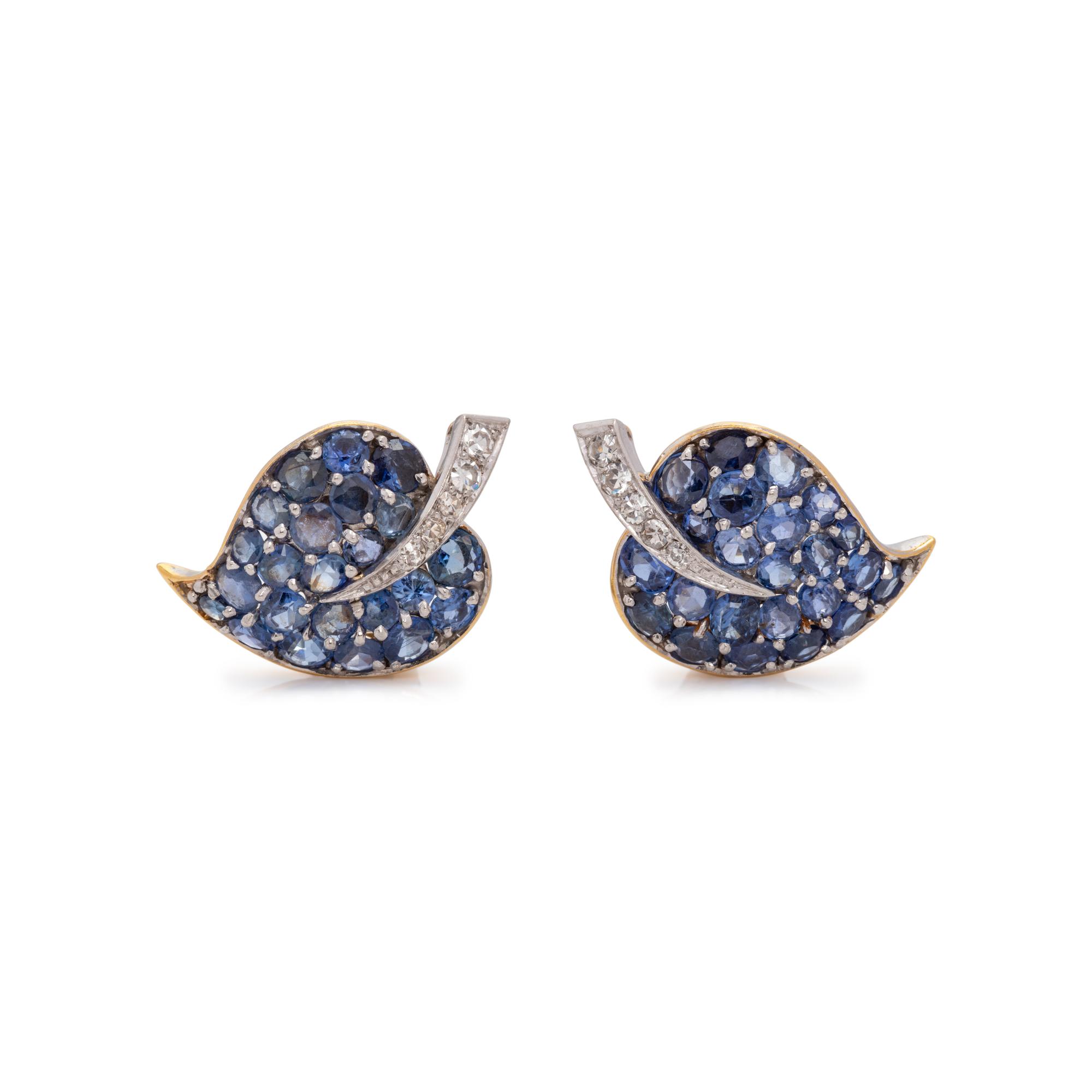 VAN CLEEF & ARPELS, RETRO, SAPPHIRE AND DIAMOND 'FEUILLES' EARCLIPS