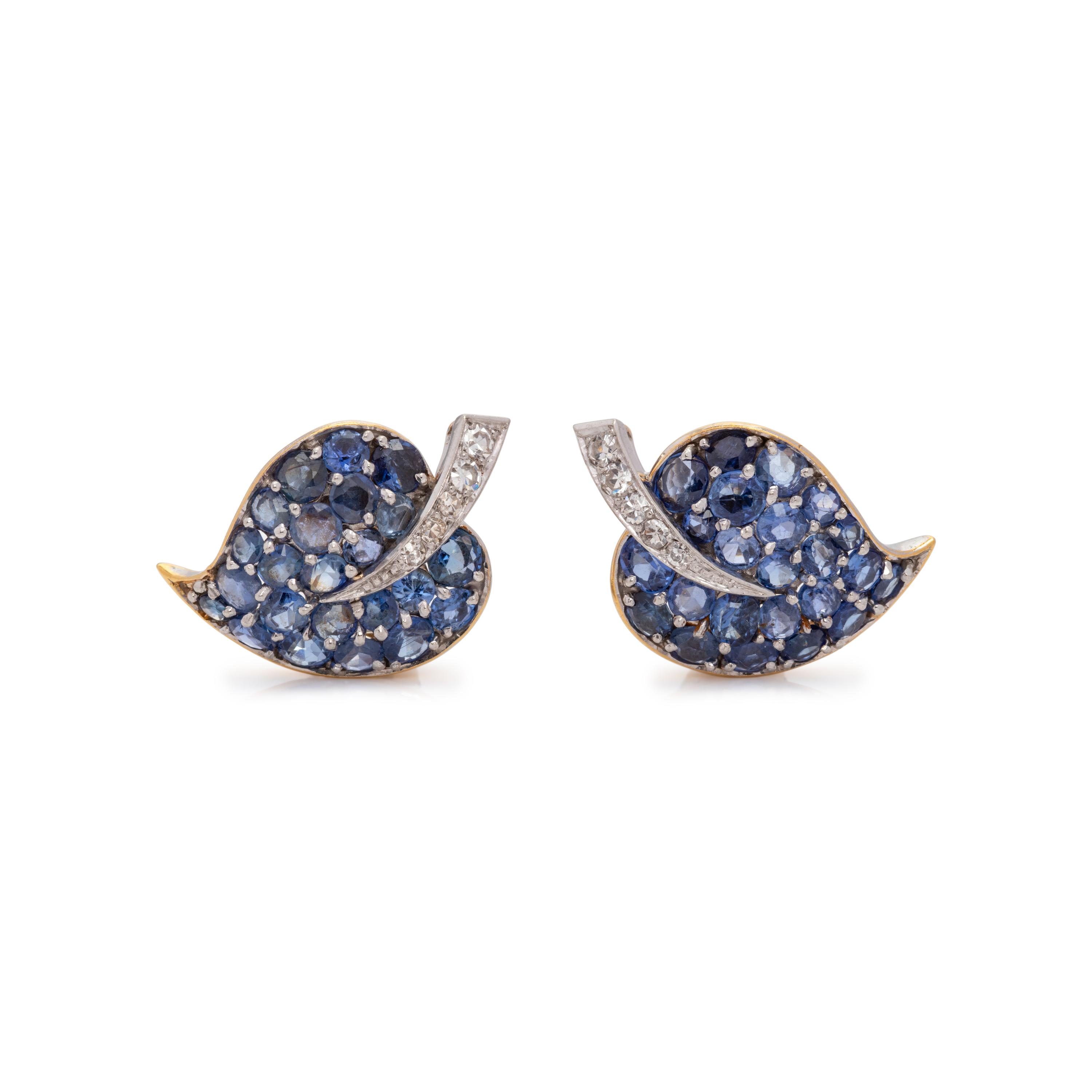 VAN CLEEF & ARPELS, RETRO, SAPPHIRE AND DIAMOND 'FEUILLES' EARCLIPS