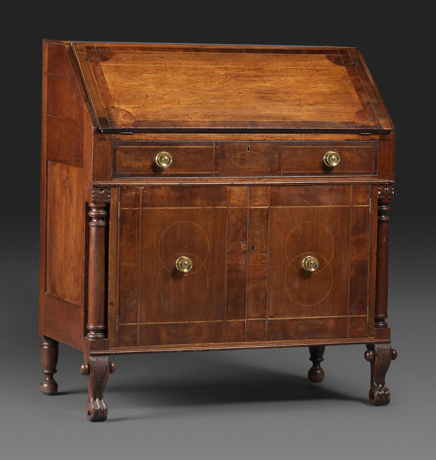 A Late Federal String Inlaid Walnut Slant-Front Secretary Desk