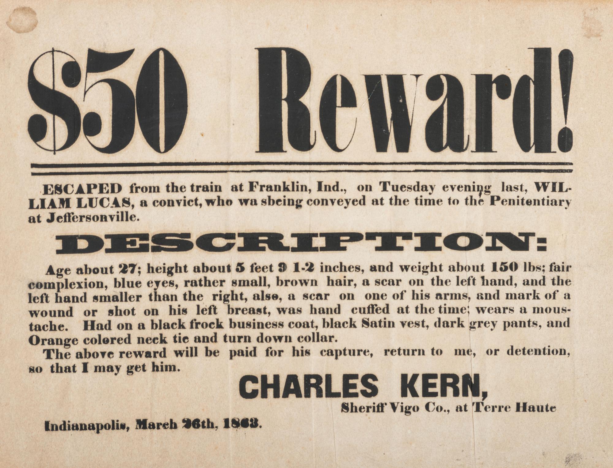 [CRIME & PUNISHMENT]. A group of 3 broadsides advertising rewards for apprehending a murderer and thieves, highlighted by $500 reward for a man charged with murder in St. Louis, MO, in 1854.