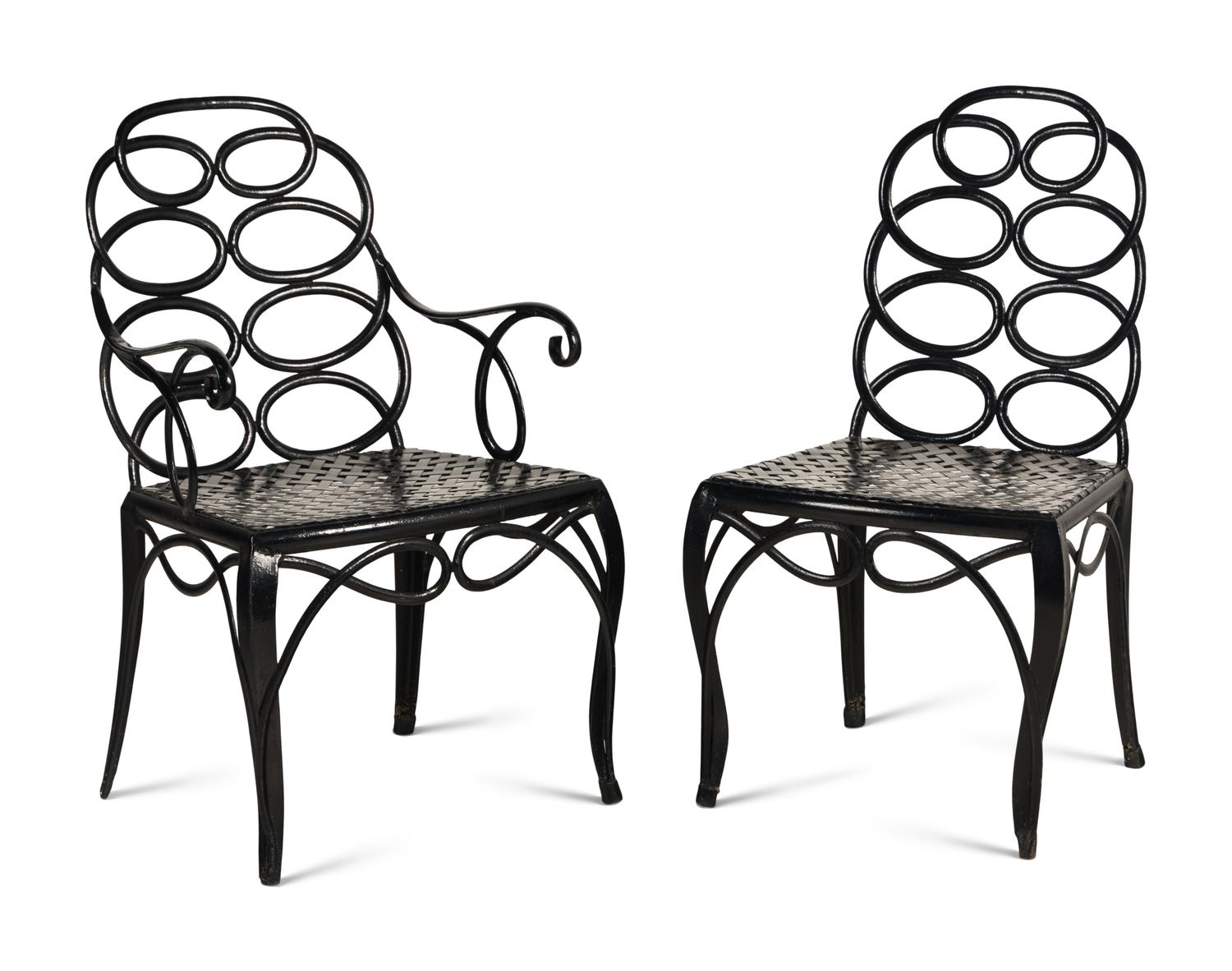 A Painted Metal Garden Armchair and Side Chair