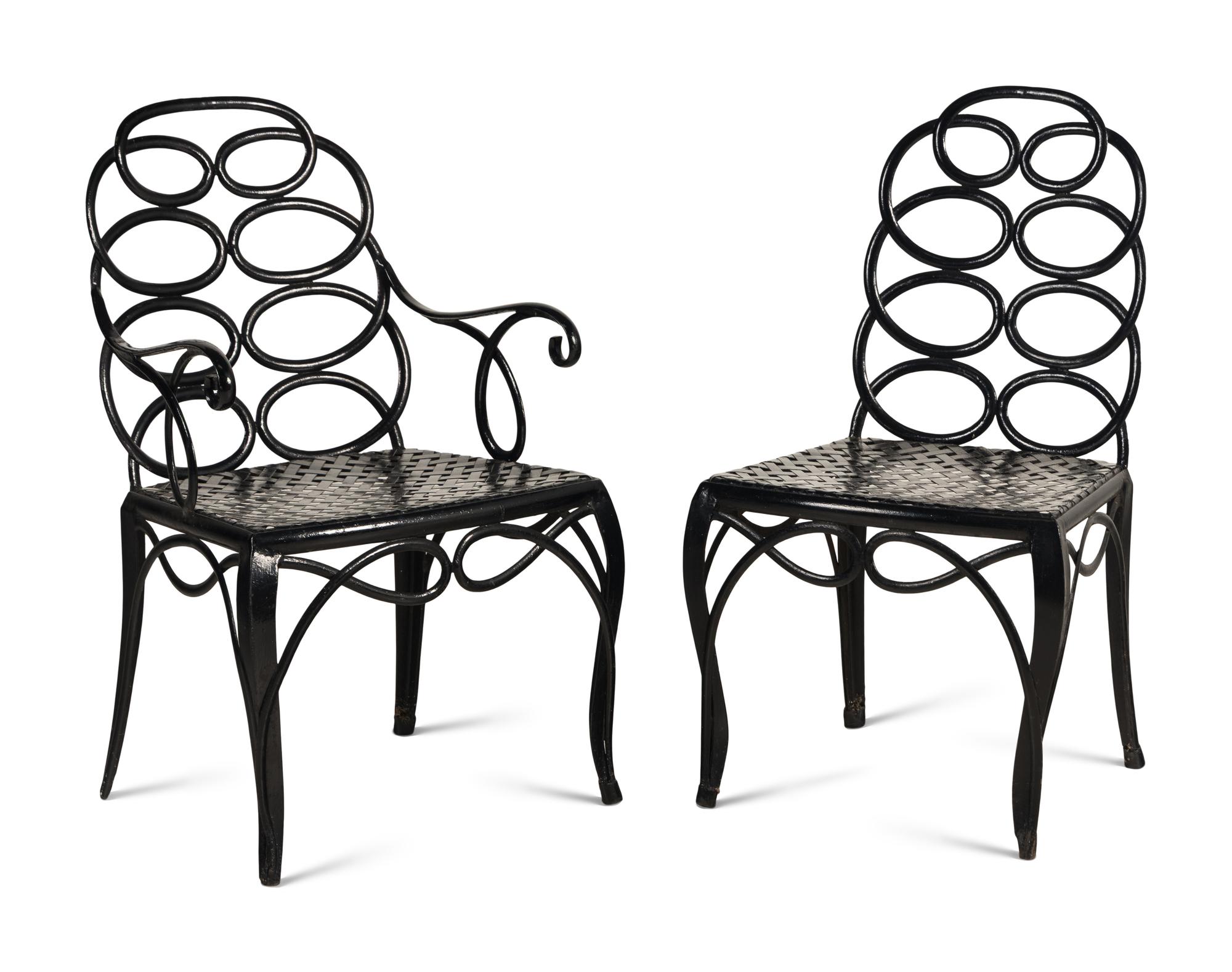 A Painted Metal Garden Armchair and Side Chair