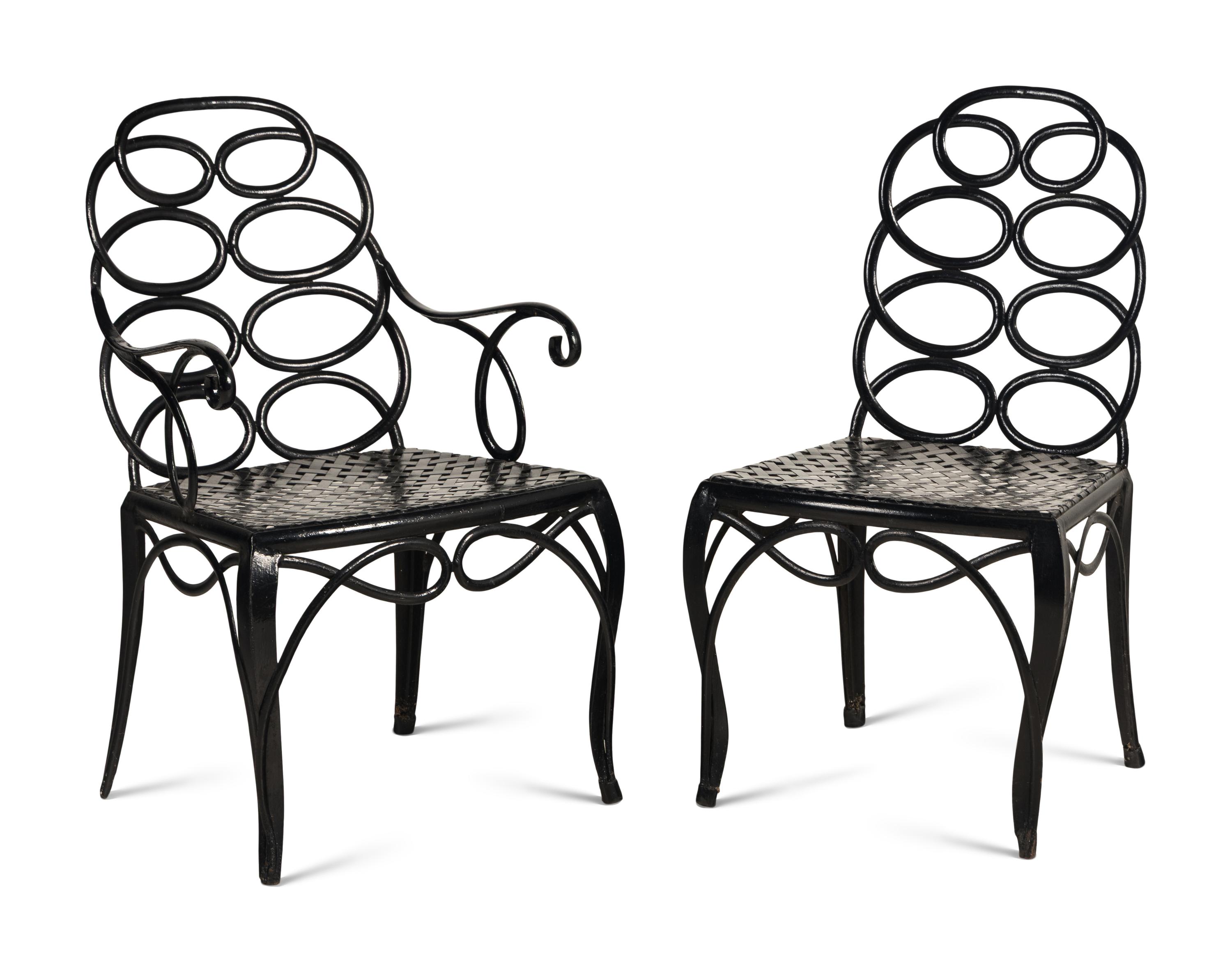 A Painted Metal Garden Armchair and Side Chair