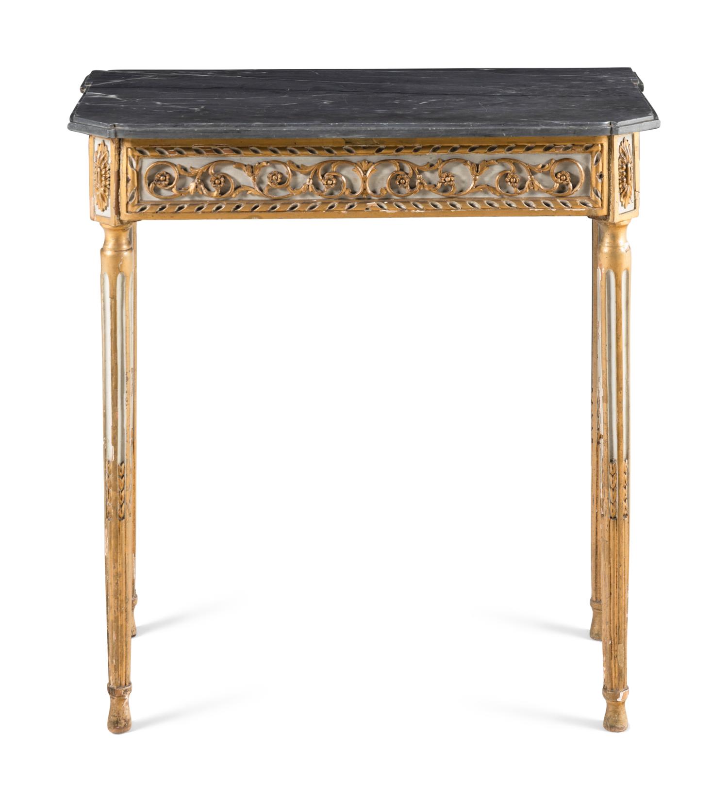 A Louis XVI Style Painted and Parcel Gilt Marble-Top Console Table